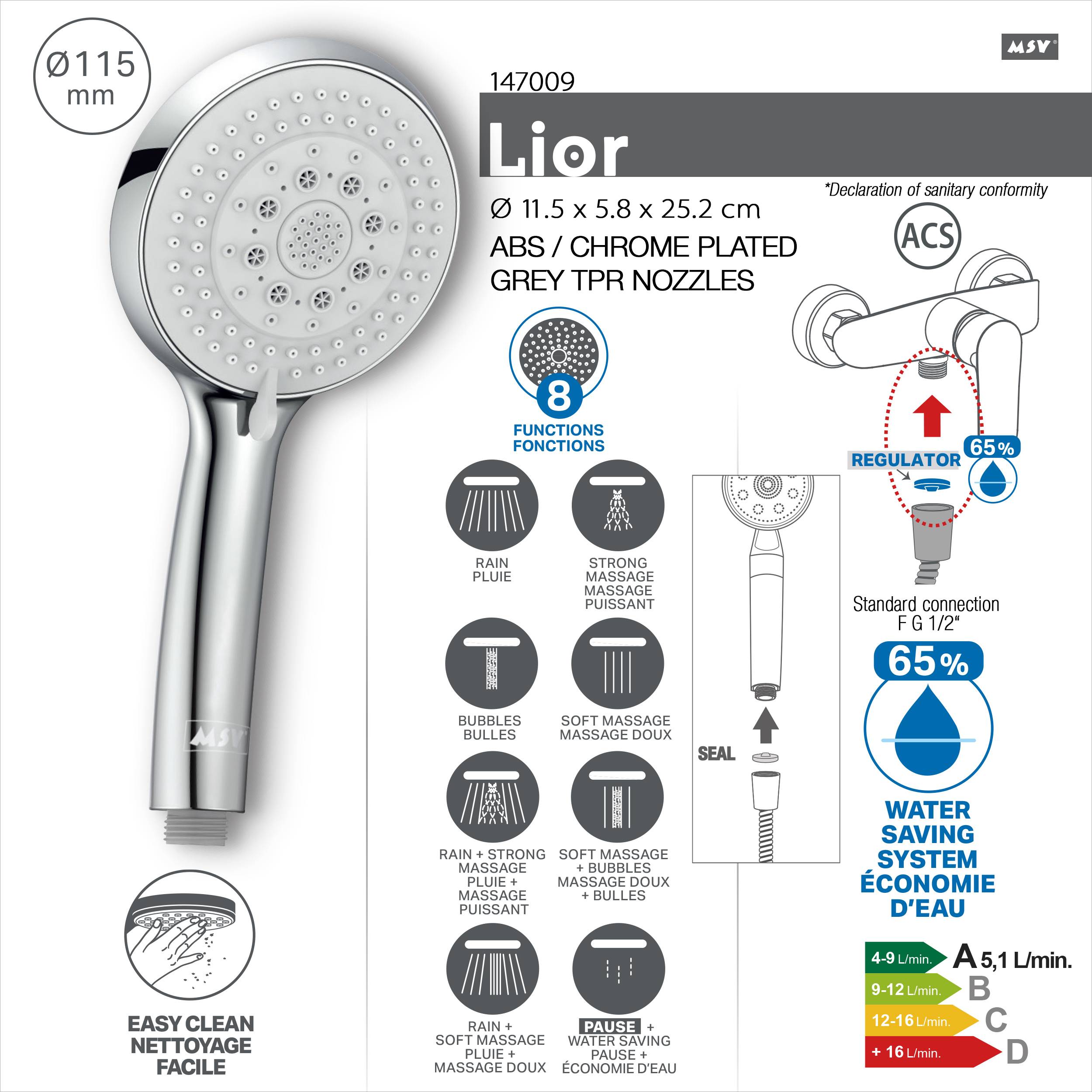 MSV Handbrause Lior 8 Strahlarten, 5 cm Brausekopf, ABS, Duschkopf für Badezimmer