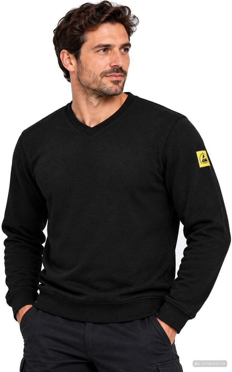 Ein Mann, der einen schwarzen Pullover mit langen Ärmeln und dunkle Hosen trägt, steht mit den Händen in den Taschen vor einem weißen Hintergrund.