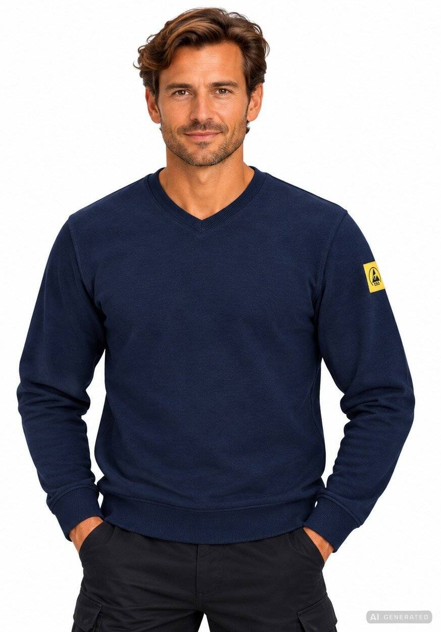 Ein Mann steht vor einem weißen Hintergrund, trägt einen dunkelblaueren Pullover und dunkle Hosen, mit seinen Händen in den Taschen.
