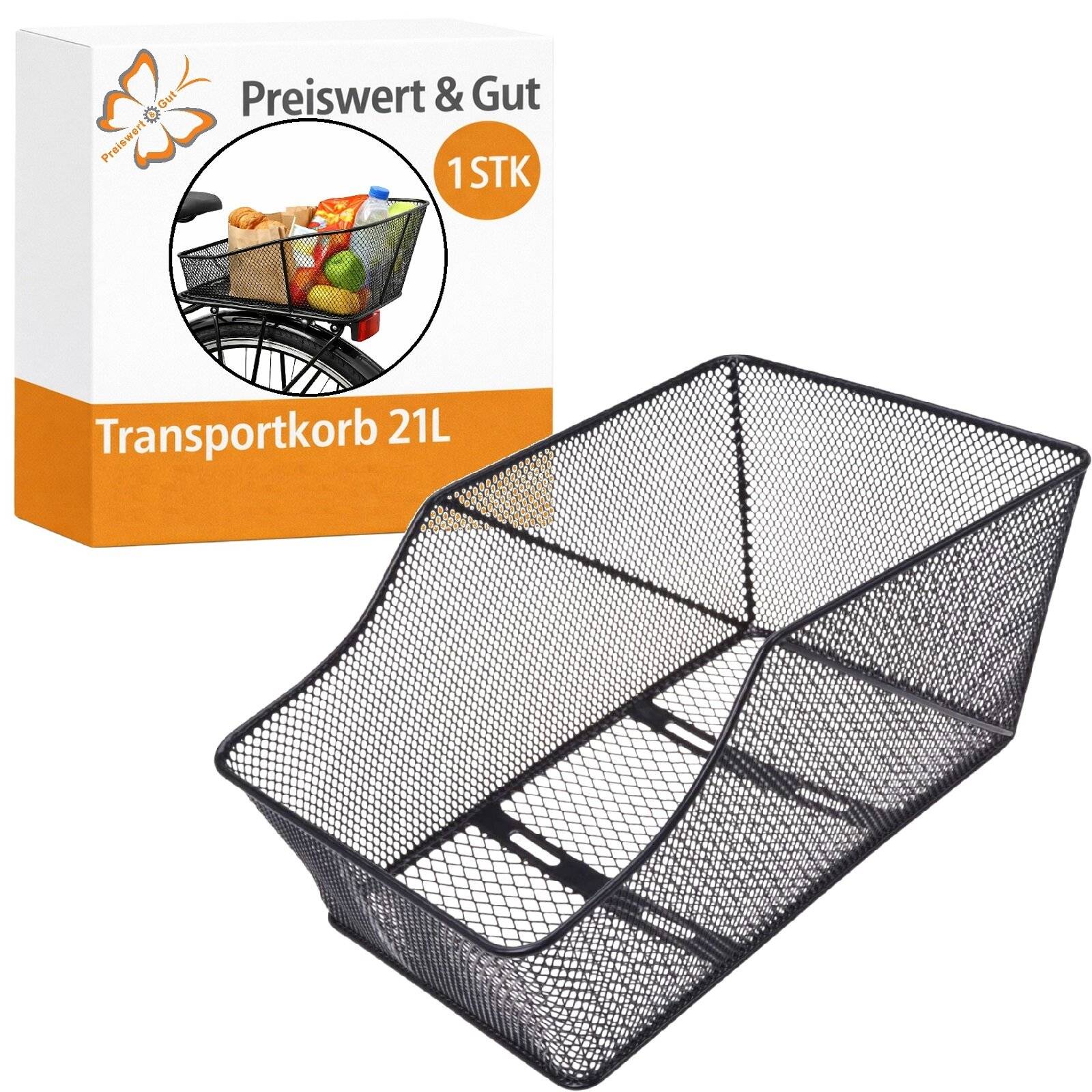 Schwarzer Mesh-Fahrrad-Vorderladkorb mit einer offenen Produktbox mit der Aufschrift „Preiswert & Gut", „1STK"" und „Transportkorb 21L"".
