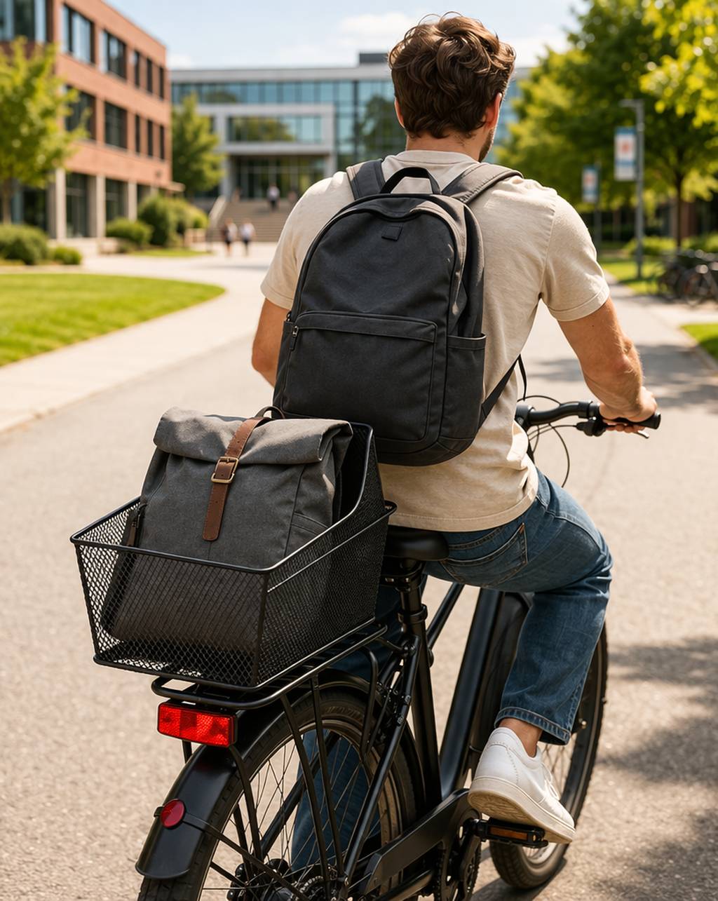 Person auf einem Fahrrad auf einem Campusweg, mit einem schwarzen Rucksack und einem vorderen Korb, der eine Tasche trägt.