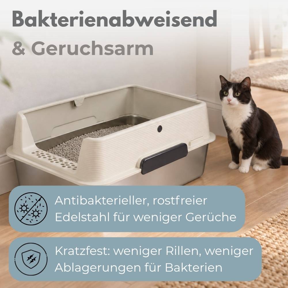 Eine schwarz-weiße Katze sitzt neben einer abgedeckten Katzentoilette; deutscher Text besagt, dass sie antibakteriell, geruchsreduzierend und kratzfest aus Edelstahl ist.