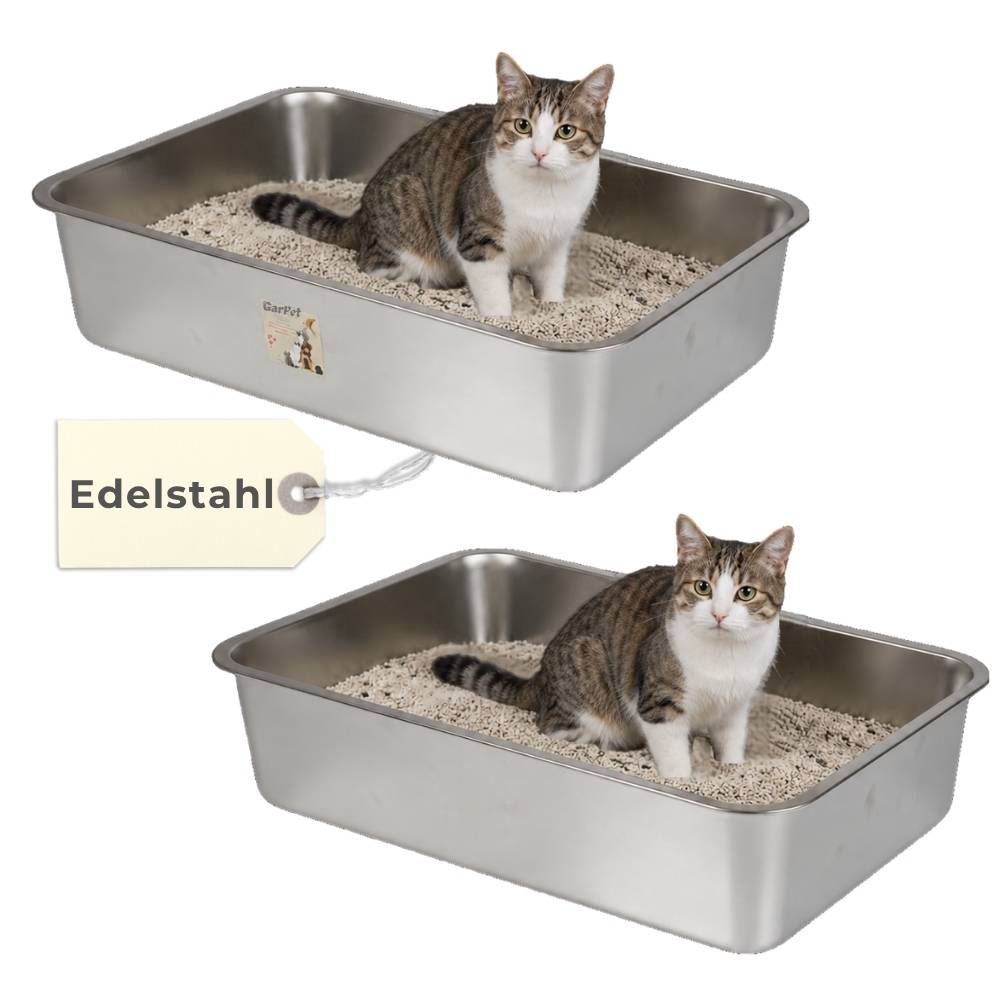 Zwei Fotos einer Katze, die in einer Edelstahl-Katzentoilette sitzt; ein Etikett mit der Aufschrift „Edelstahl