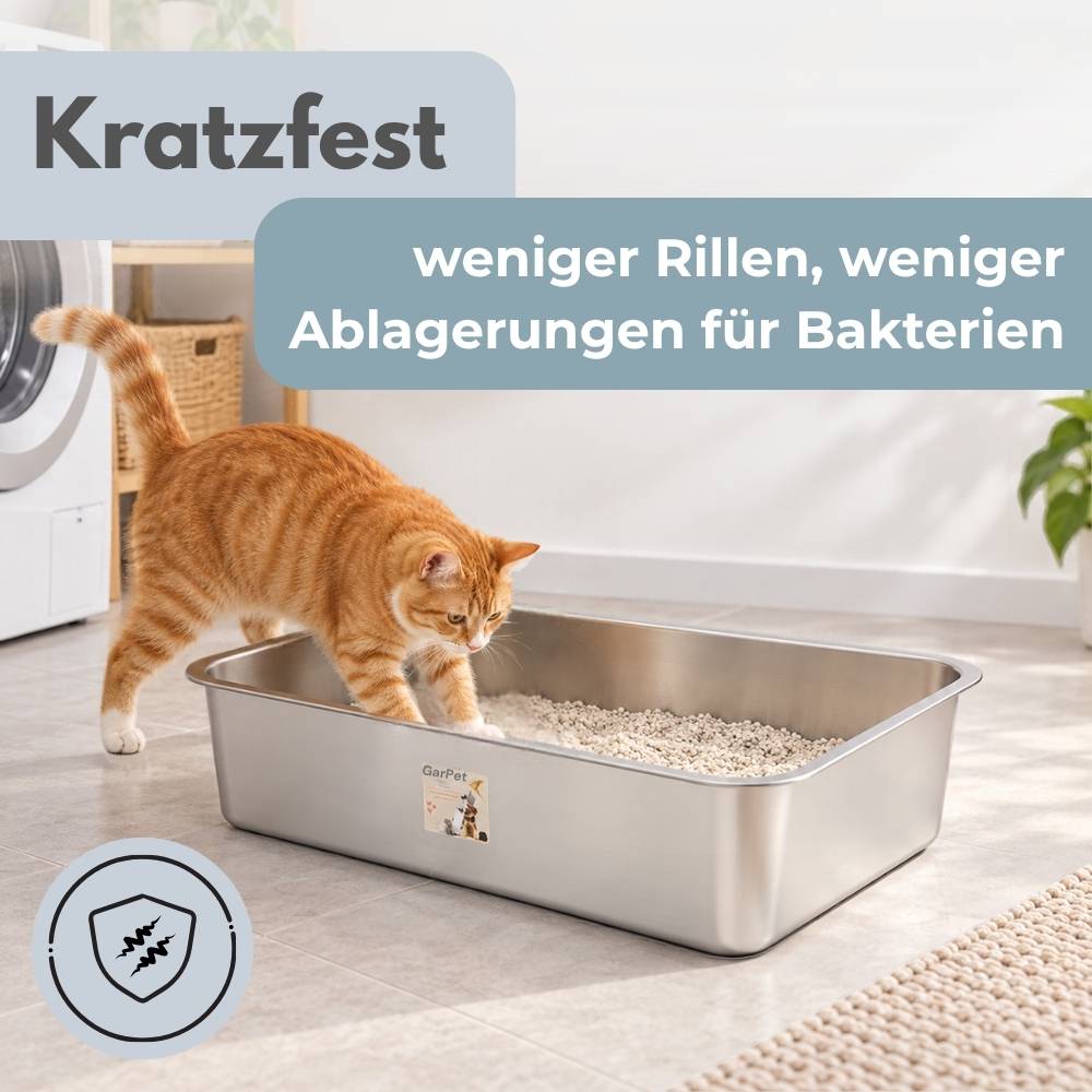 Orangefarbene Katze, die eine Edelstahl-Katzentoilette benutzt, mit deutschem Text, auf dem „Kratzfest" und „weniger Rillen, weniger Ablagerungen für Bakterien"" steht, was Kratzerbeständigkeit und weniger bakterielle Ablagerungen anzeigt.