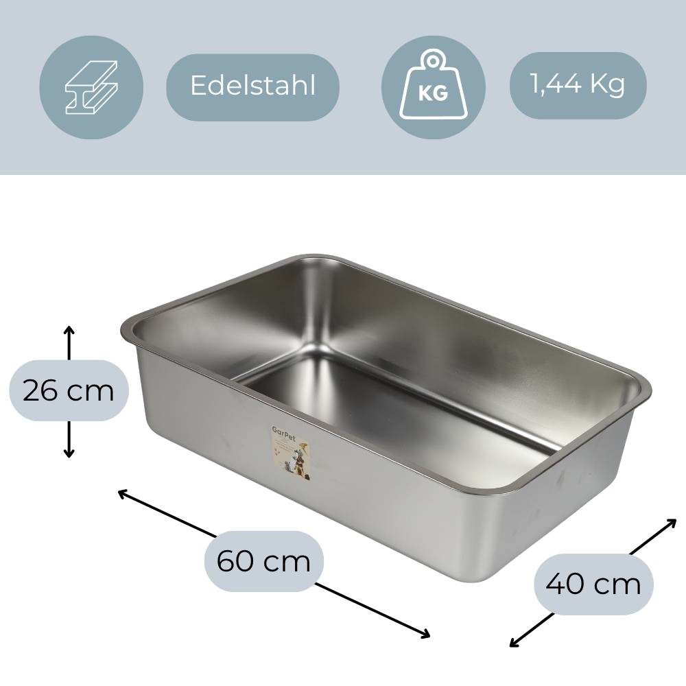 Rechteckige Backform aus Edelstahl, 60 cm lang, 40 cm breit, 26 cm hoch, Gewicht 1,44 kg.