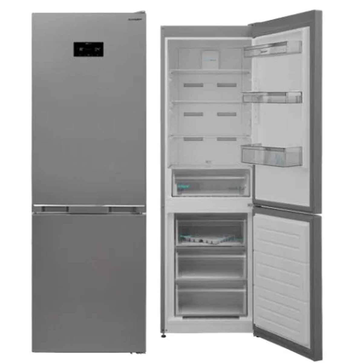 Edelstahlkühlschrank mit Gefrierfach unten, links geschlossen dargestellt und rechts offen, mit sichtbaren Regalen, Schubladen und Türfächern.
