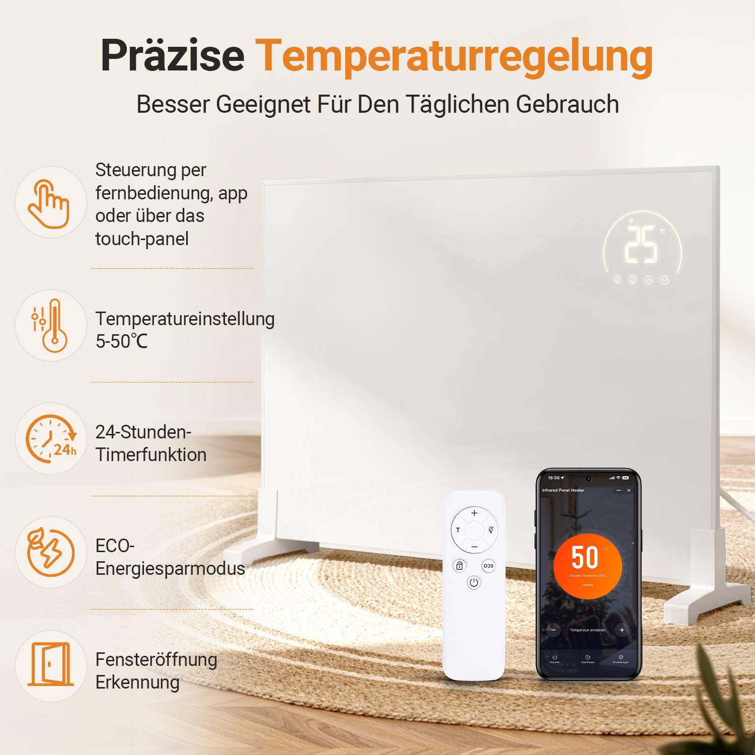 Werbebild eines weißen tragbaren Heizers mit Fernbedienung und Smartphone-App-Steuerung, das wichtige Funktionen in deutscher Sprache zeigt: 5–50°C Einstellung, 24-Stunden-Timer, Eco-Modus und Fensteröffnungserkennung.