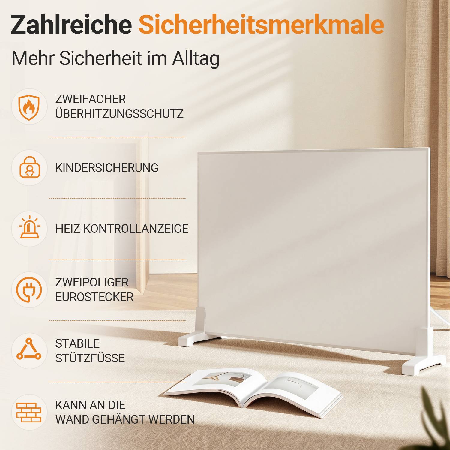 Heizgerät-Sicherheitsmerkmale-Infografik mit Überhitzungsschutz, Kindersicherung, Wärmeregler-Anzeige, Eurostecker, standfeste Füße und Wandmontage; Titel „Zahlreiche Sicherheitsmerkmale" mit Untertitel „Mehr Sicherheit im Alltag"".