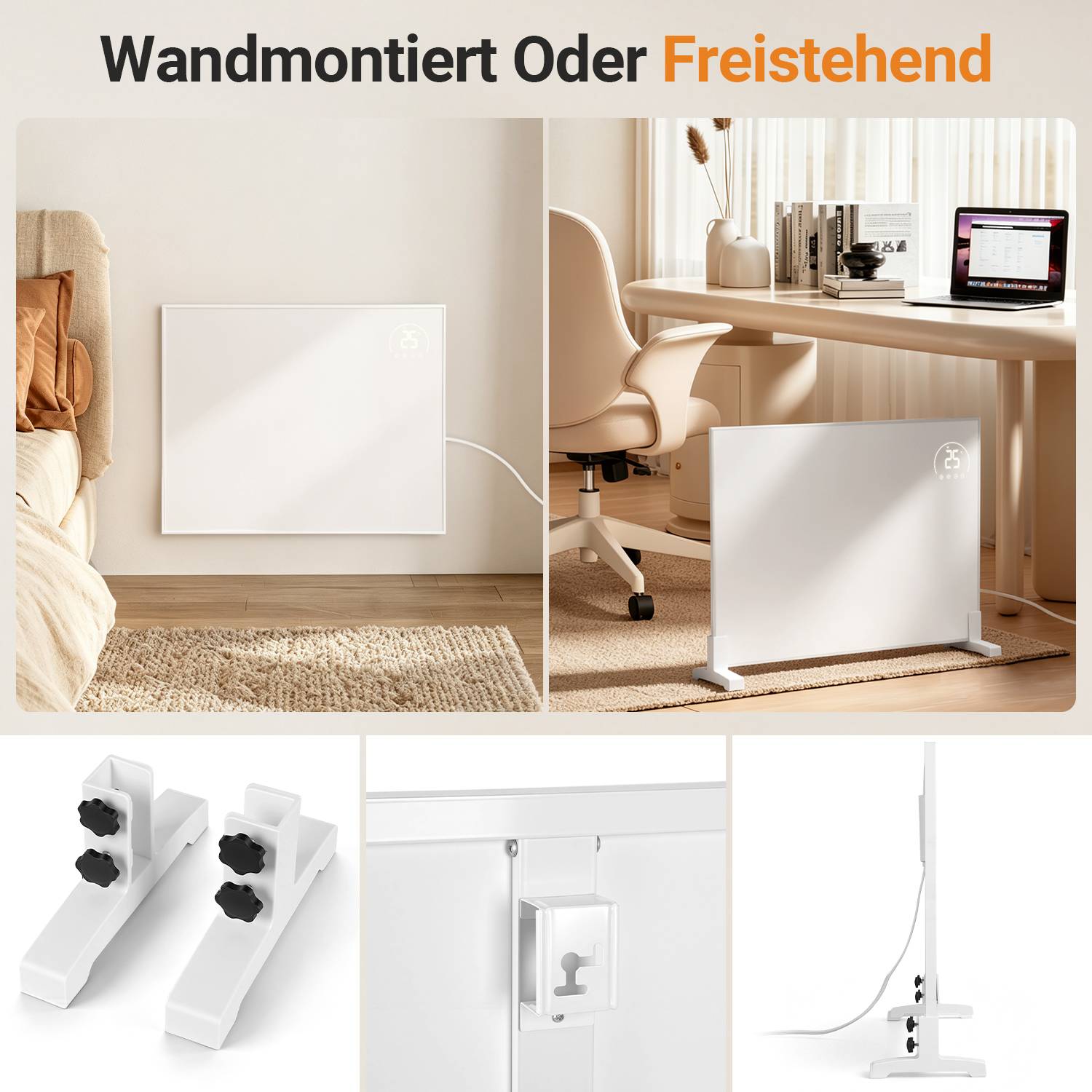 Anzeige-ähnliches Bild, das einen weißen Flächenheizkörper „Montiert Oder Freistehend" in zwei Verwendungen zeigt: wandmontiert in einem Schlafzimmer und freistehend unter einem Schreibtisch, mit zwei weißen Standfüßen, die darunter abgebildet sind.