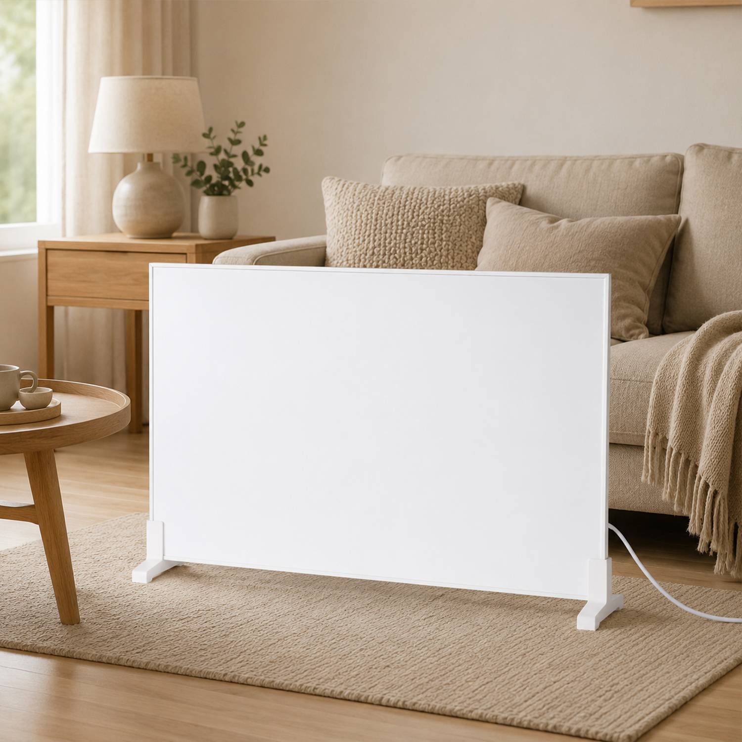 Ein weißes tragbares Platzheizer-Panel steht auf einem beigefarbenen Teppich in einem gemütlichen Wohnzimmer neben einem Sofa und einem Beistelltisch.