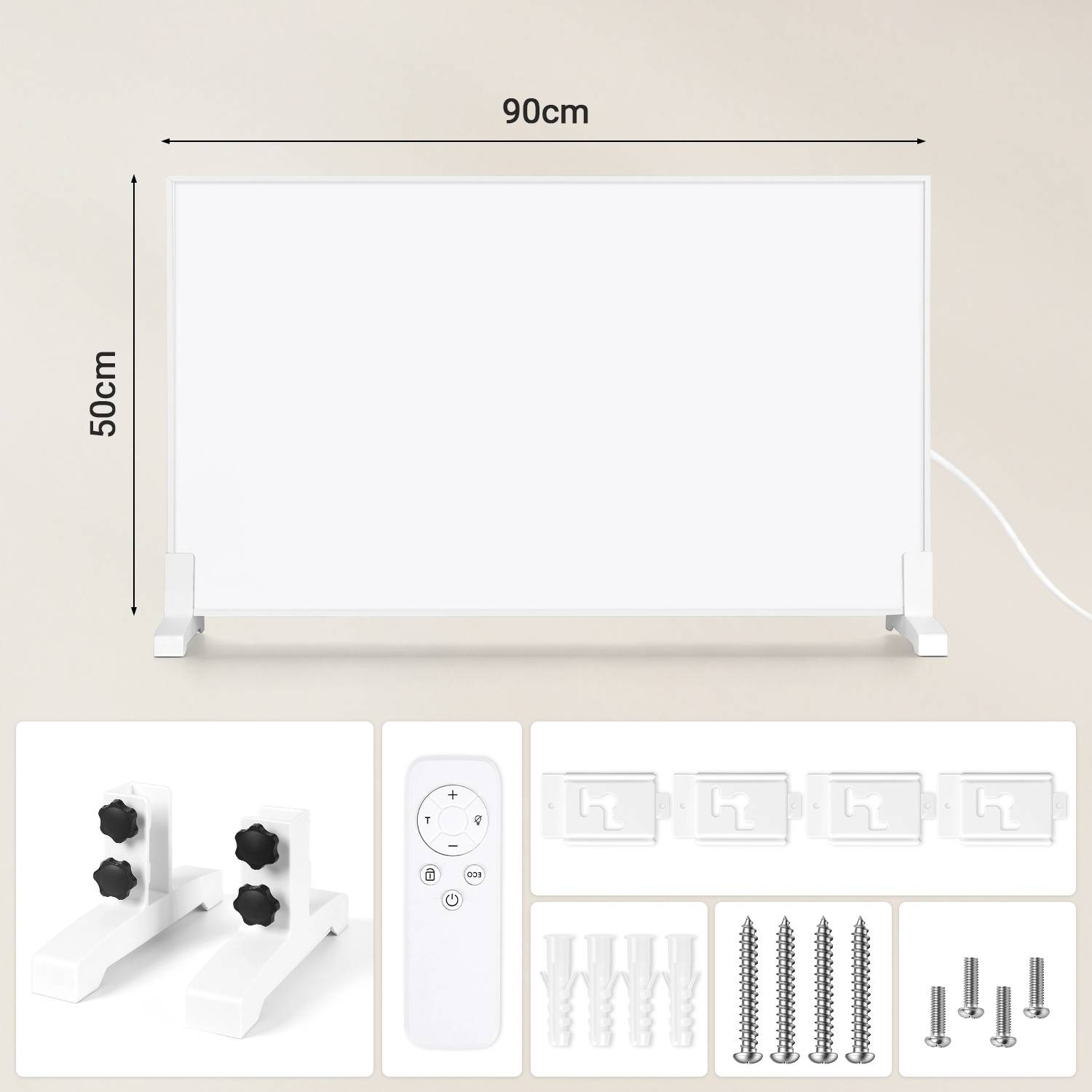 Weiße LED-Panelleuchte, 90 cm mal 50 cm, gezeigt mit Montageklammern, Fernbedienung und Installationszubehör.