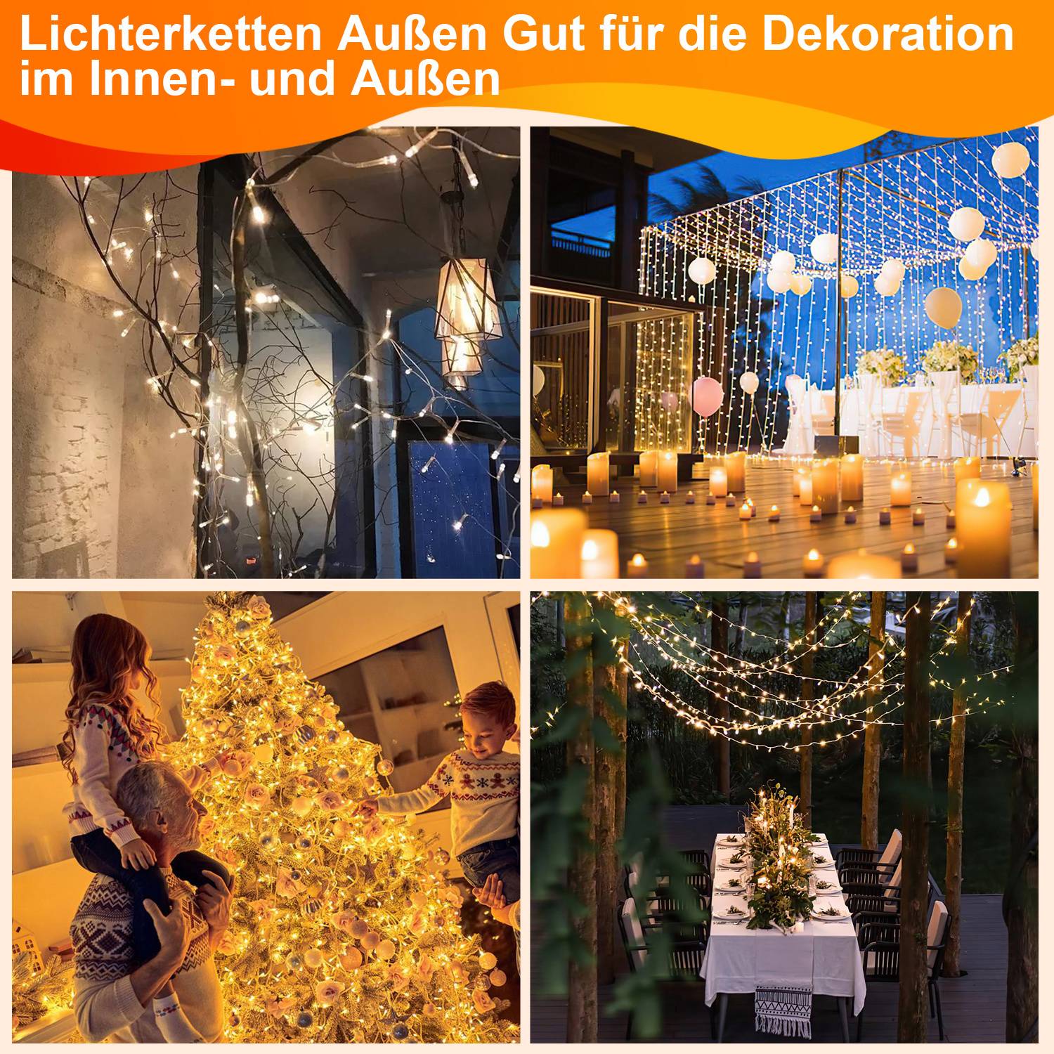 Collage von warmweißen Lichterketten, die Innen- und Außenbereiche dekorieren, einschließlich einer Wand, eines Partyveranstaltungsortes, eines beleuchteten Weihnachtsbaumes und eines Speisebereichs im Garten.