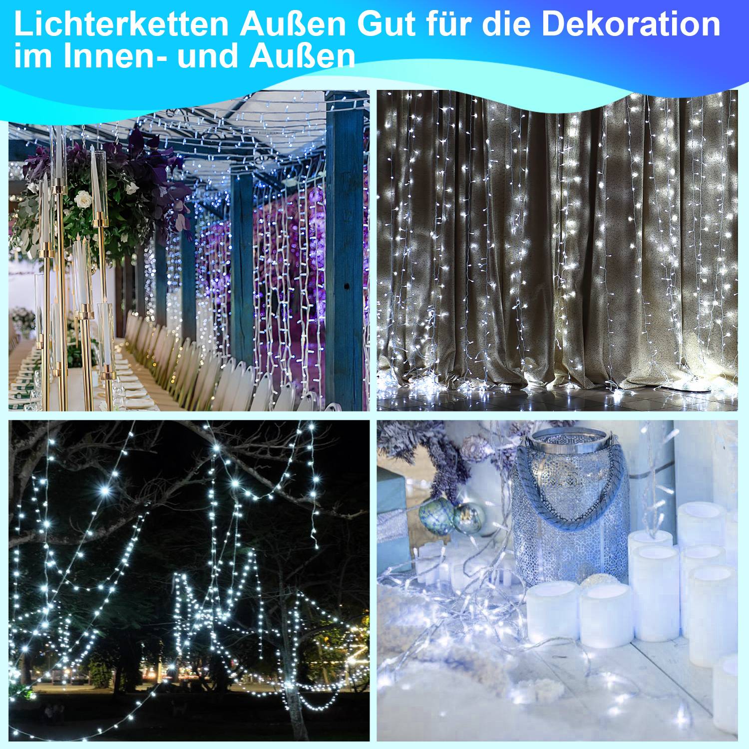 Collage von LED-Lichterketten, die Innengardinen dekorieren, einen Baum im Freien und eine Tischvitrine mit Kerzen und Verzierungen schmücken.