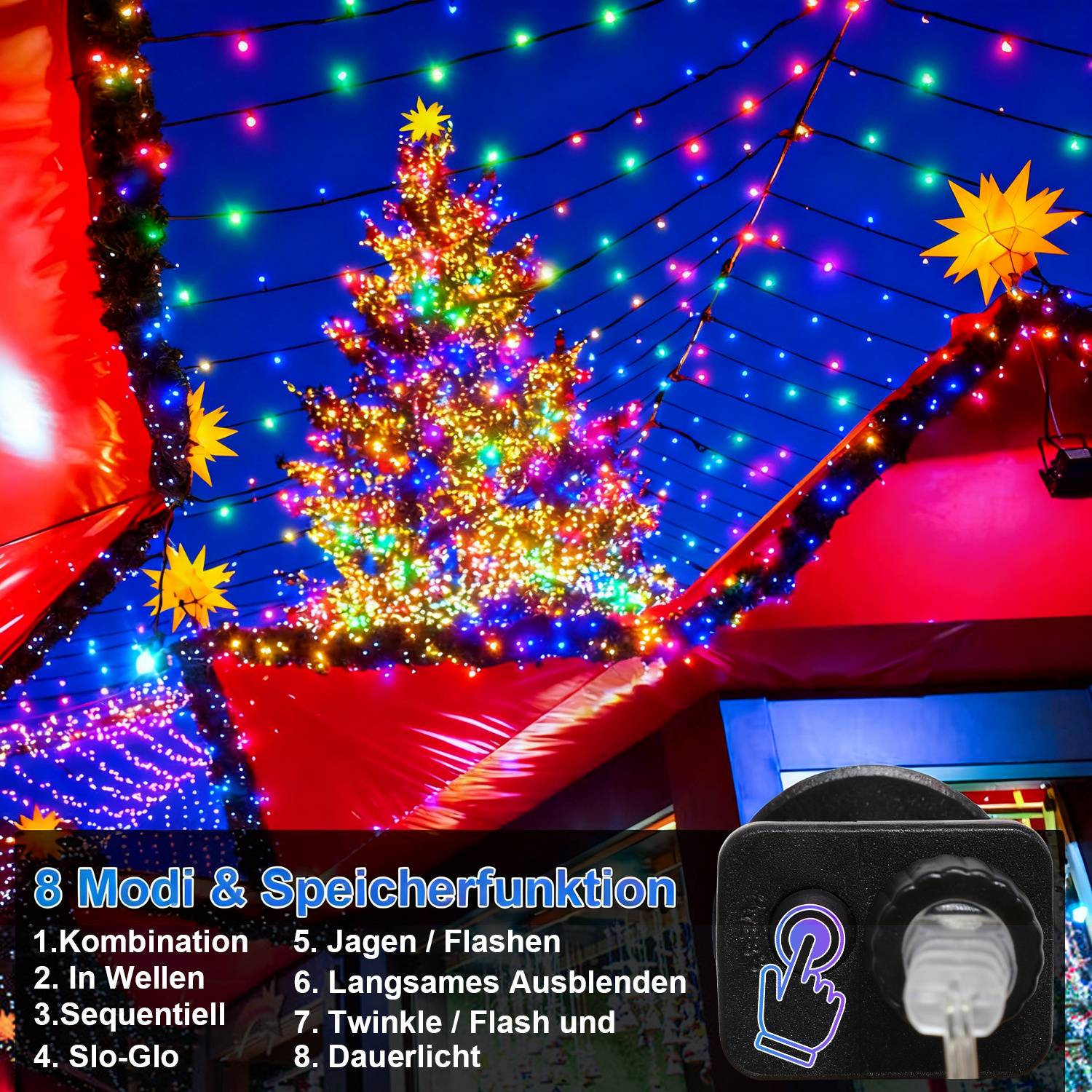 Farbenfroher LED-beleuchteter Weihnachtsbaum unter einem blauen Baldachin, mit einem Schild in deutscher Sprache, das 8 Leuchtmodi auflistet und ein Symbol für einen Berührungsschalter zeigt.