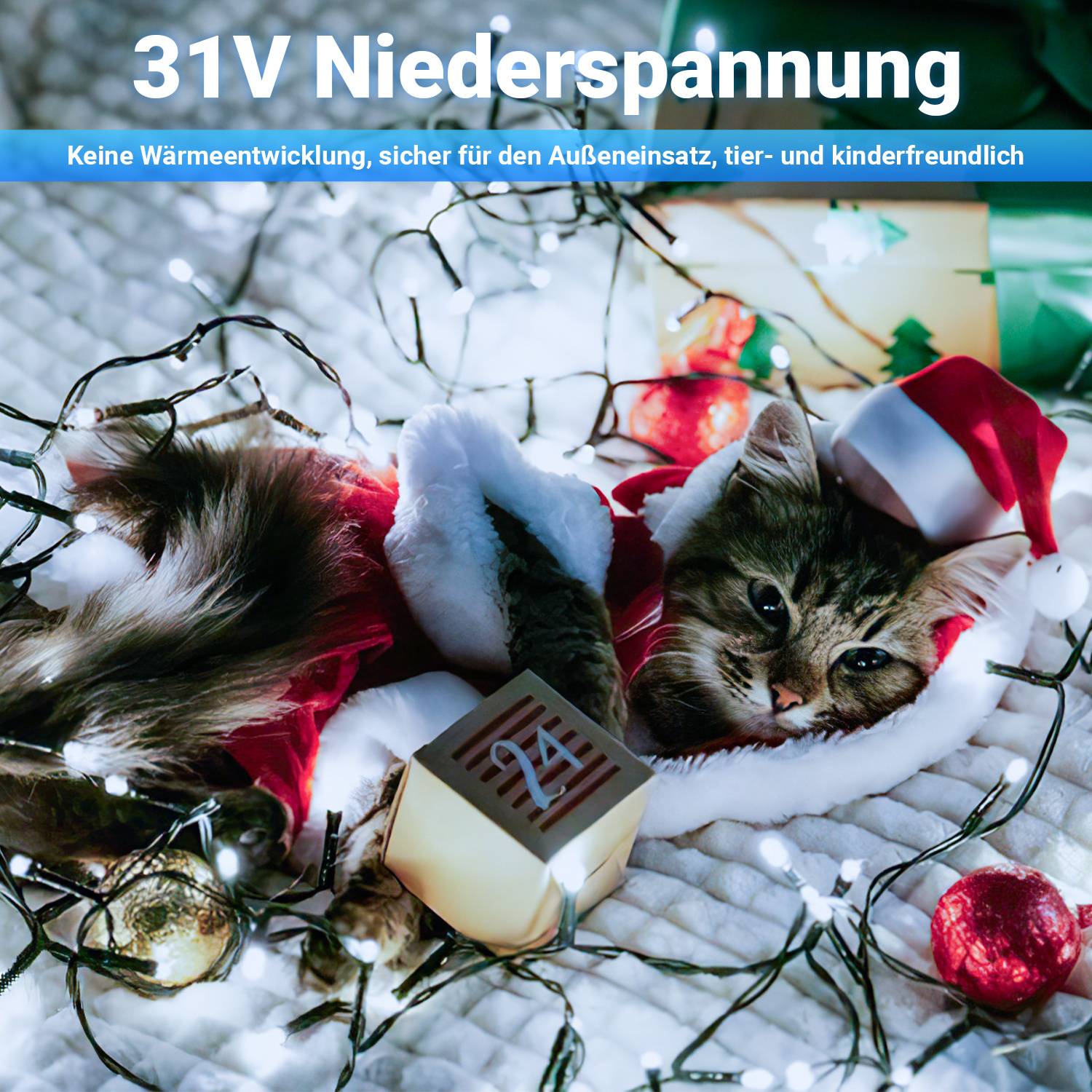 # Weihnachtsthema-Katze in Weihnachtsmannoutfit zwischen Lichterketten, mit deutschem Text '31V Niederspannung' und Untertitel über sichere Außennutzung, niedrige Wärmeerzeugung und Eignung für Kinder und Haustiere