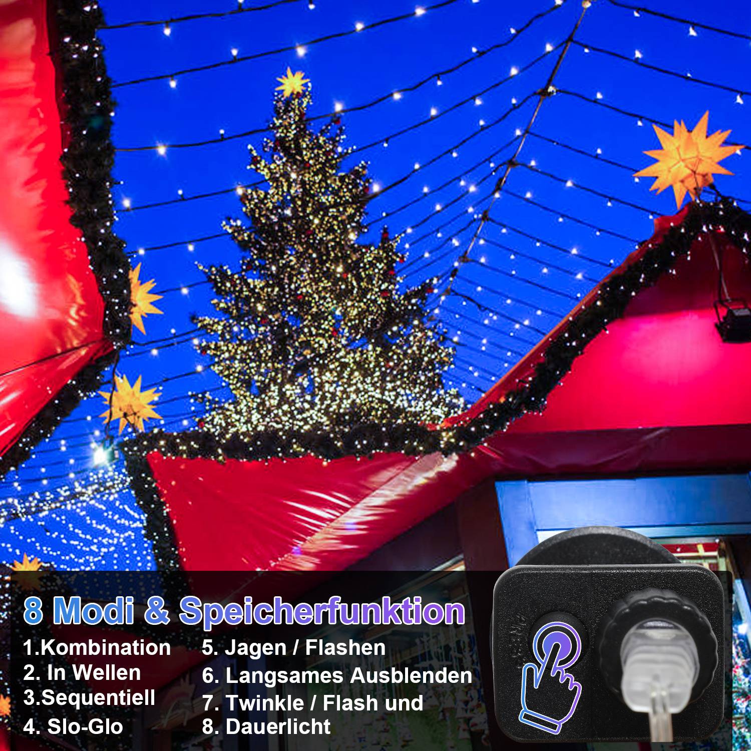 20M 200 LED Lichterkette Kaltweiß 8 Lichtmodi Schwarzes Kabel Weihnachtsbeleuchtung