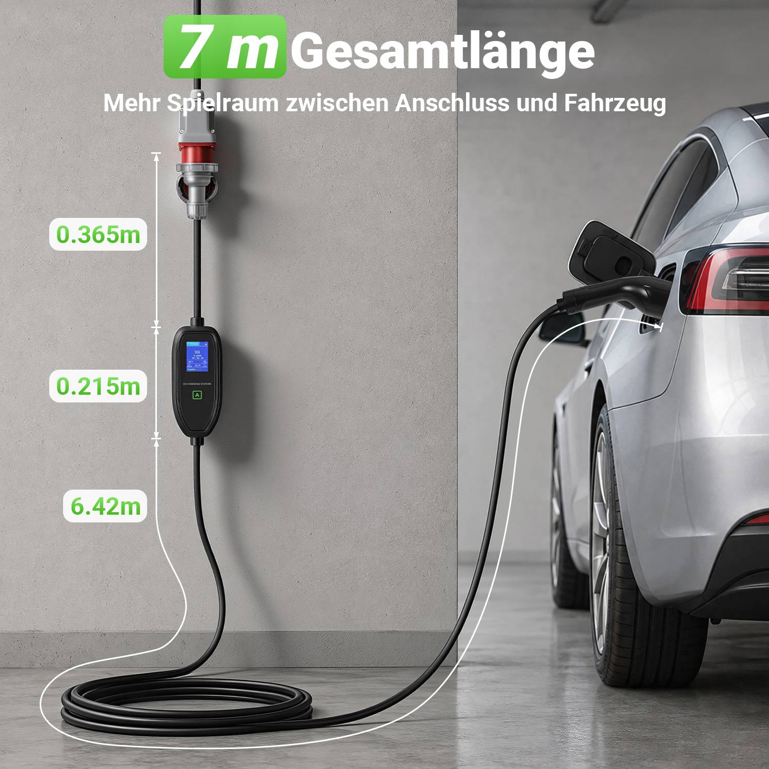 Infografik eines Elektrofahrzeug-Ladekabels mit einer Gesamtlänge von 7 m, mit Segmenten von 0,365 m, 0,215 m und 6,42 m, verbunden vom Wandladegerät zum Auto.
