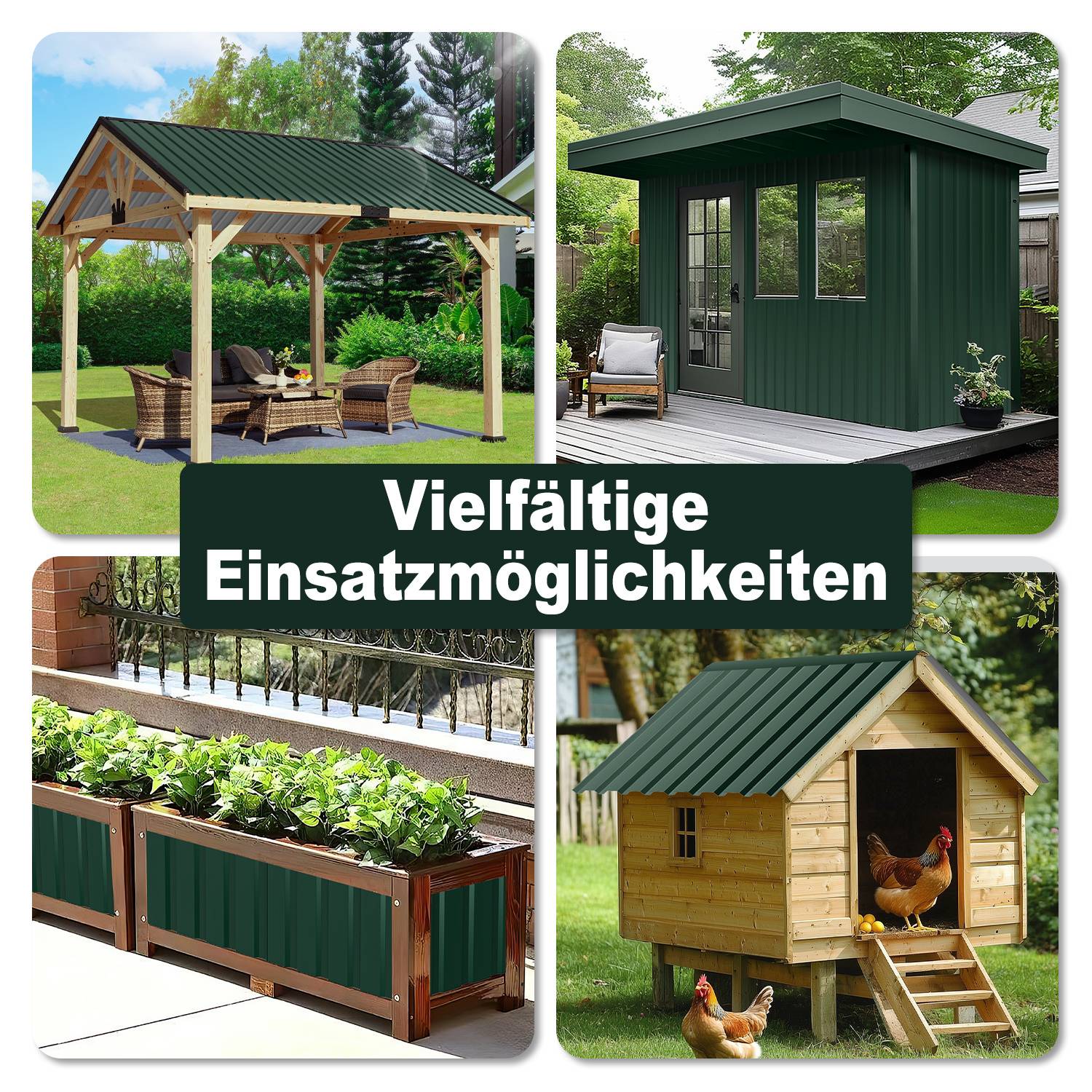 Collage aus vier grünen Außenstrukturen – ein Pavillon, eine kleine Hütte, ein Pflanzkasten und ein Hühnerstall – mit dem deutschen Text „Vielfältige Einsatzmöglichkeiten", was vielseitige Verwendungsmöglichkeiten bedeutet.