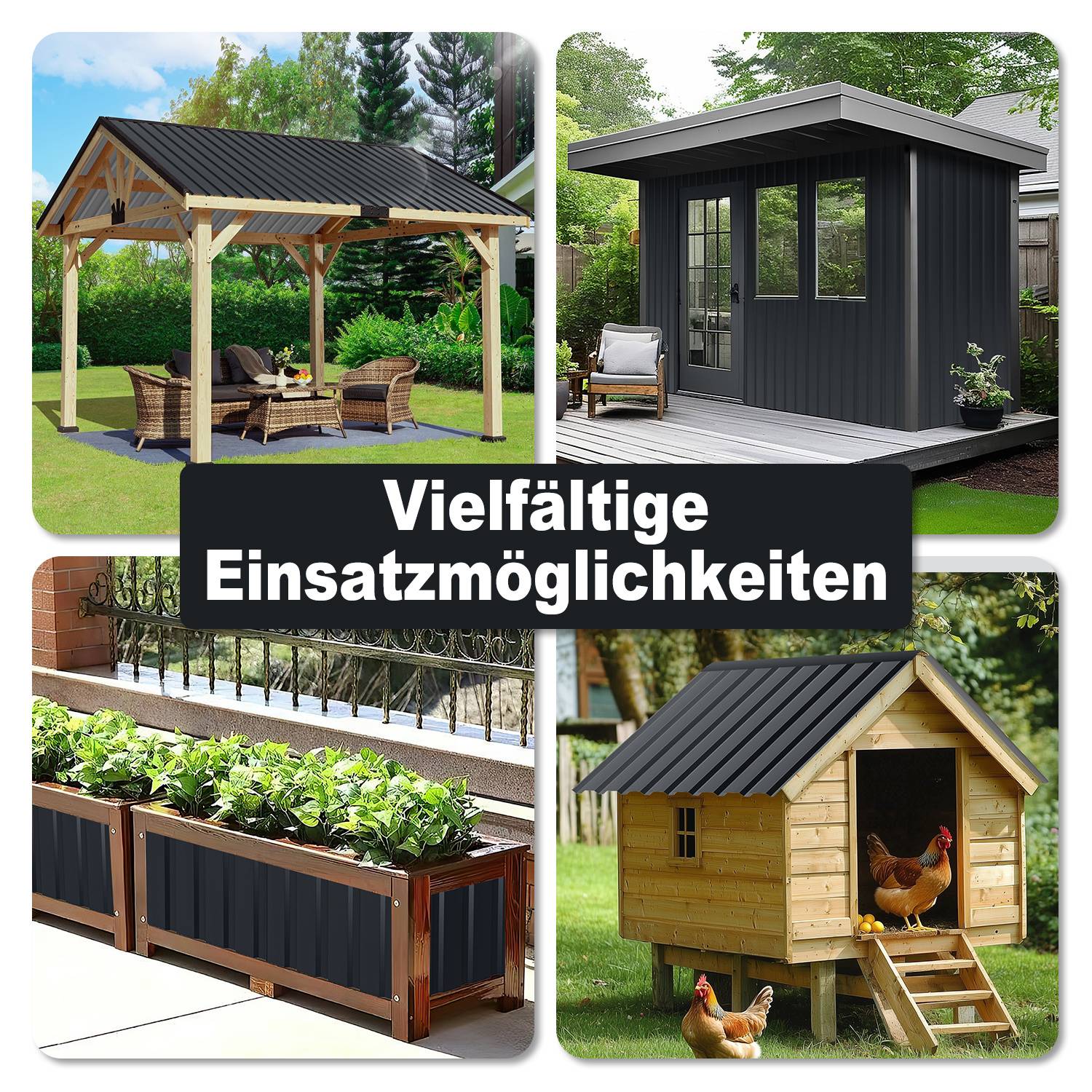 Collage von Außenstrukturen: ein Gartenlaube, modernes Gerätehaus, erhöhtes Hochbeet und Hühnerstall, gekennzeichnet mit „Vielfältige Einsatzmöglichkeiten" (mehrere Verwendungszwecke).