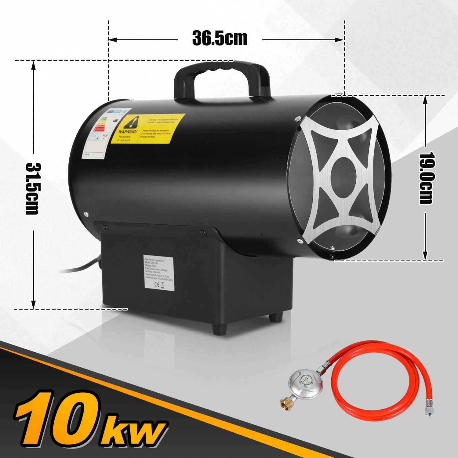 Produktbild eines tragbaren schwarzen 10-kW-Heizers mit Griff und Schlauchzubehör, beschriftet mit 36,5 cm Breite, 31,5 cm Höhe und 19,0 cm Tiefe.