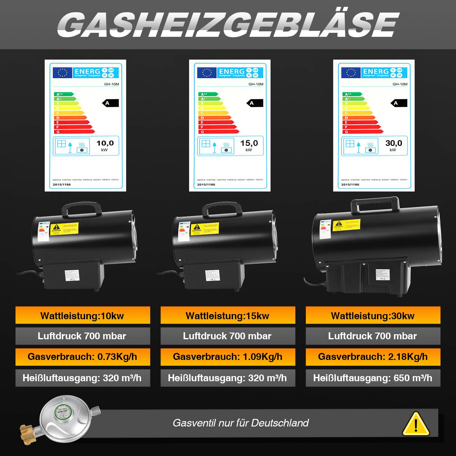 Infografik mit drei Gasheizern, gekennzeichnet mit 10 kW, 15 kW und 30 kW, mit Energieetiketten und Spezifikationen: 700 mbar Versorgung, 0,73/1,09/2,18 kg/h Gasverbrauch, 320/320/650 m³/h Warmluftausstoß.
