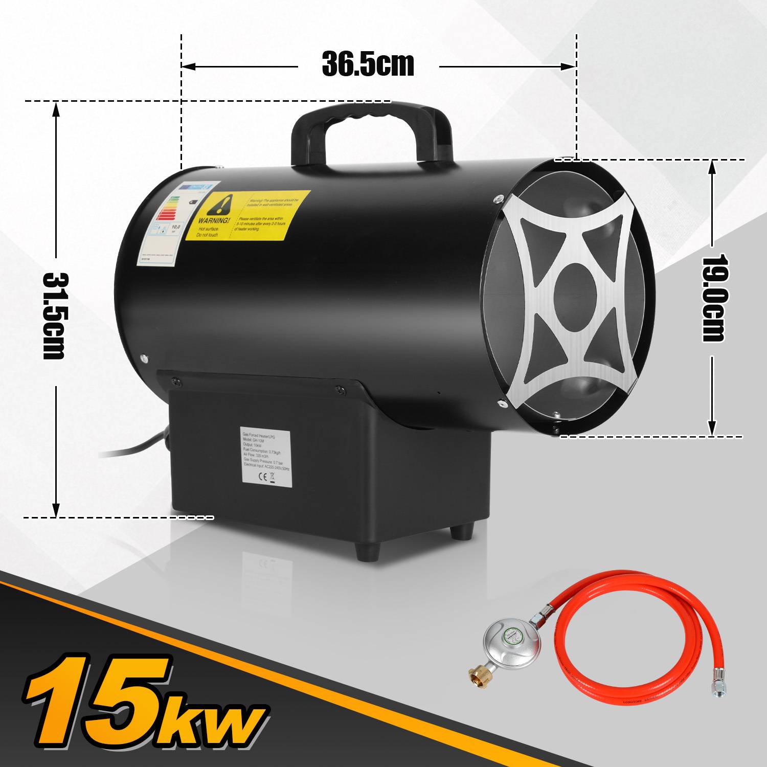 Schwarzer tragbarer Industrieheizer mit den Abmessungen 36,5 cm breit, 31,5 cm hoch, 19,0 cm tief, gekennzeichnet mit 15 kW; mit Schlauch und Regler.