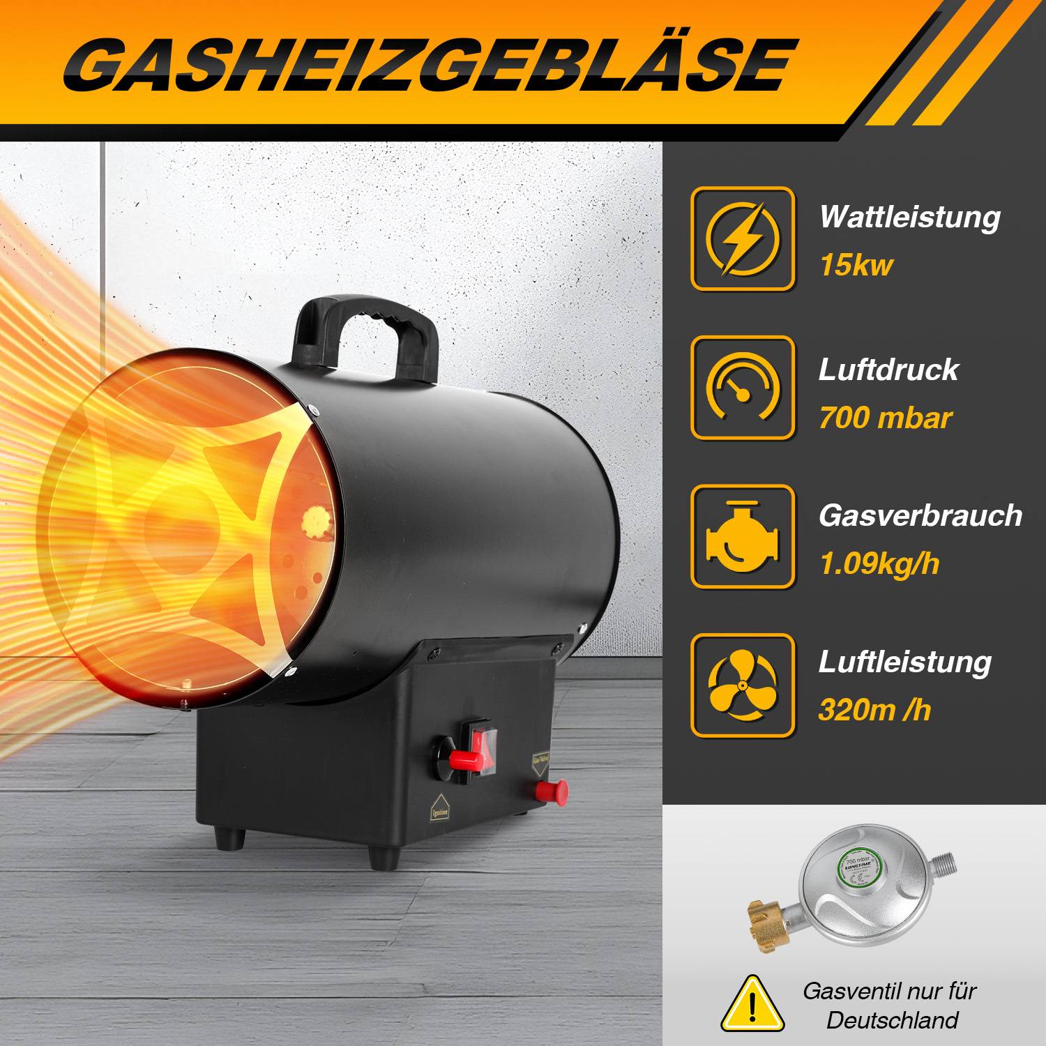 Bild eines Gasheizgebläses mit der Bezeichnung „GASHEIZGEBLÄSE" mit folgenden Spezifikationen: Leistung 15 kW, Druck 700 mbar, Gasverbrauch 1,09 kg/h, Luftstrom 320 m/h; Hinweis besagt, dass das Gasventil nur für Deutschland bestimmt ist.