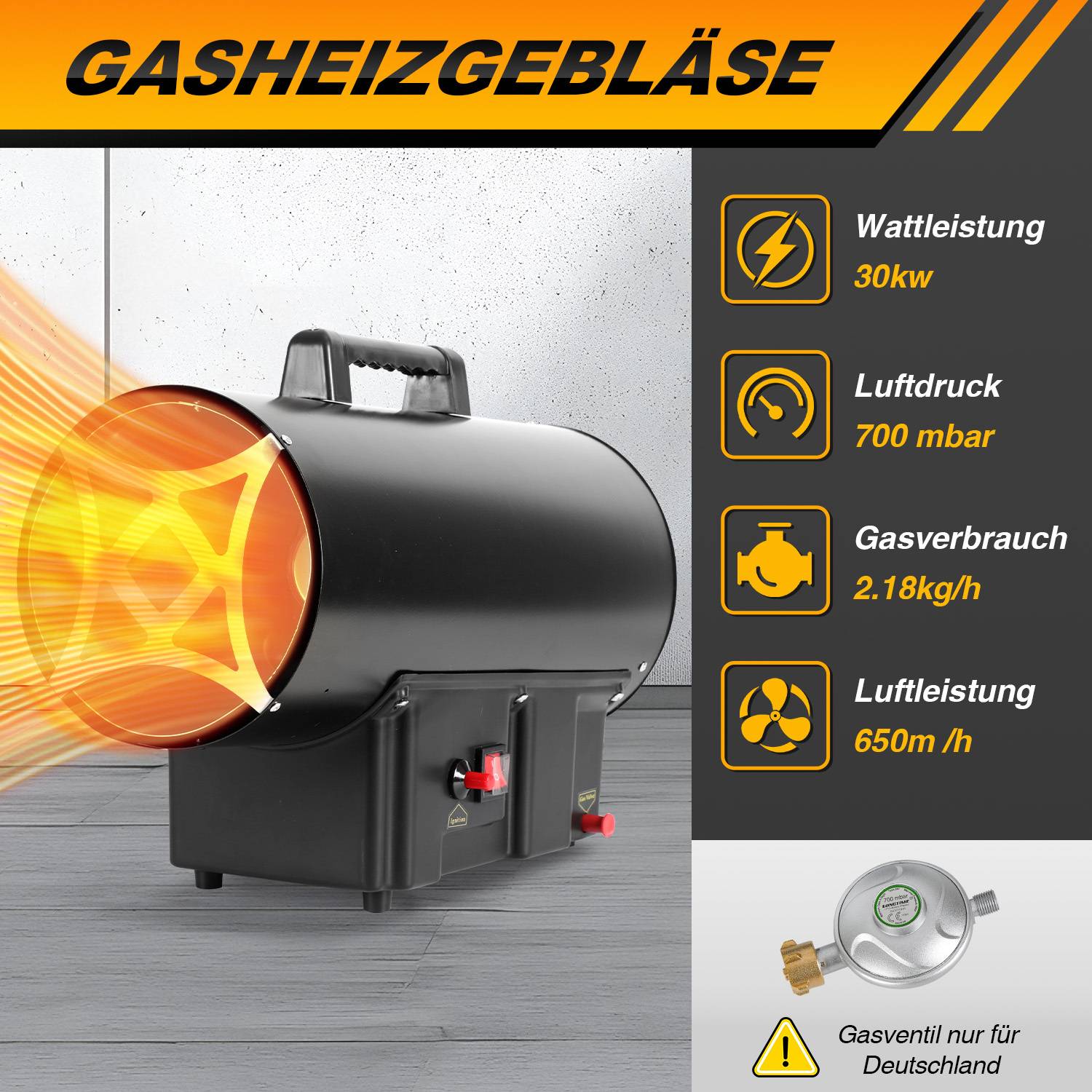 Gasheizer-Produktanzeige mit tragbarem Gerät mit folgenden Spezifikationen: 30 kW Leistung, 700 mbar Luftdruck, 2,18 kg/h Gasverbrauch, 650 m/h Luftdurchsatz; Gasventil nur für Deutschland.