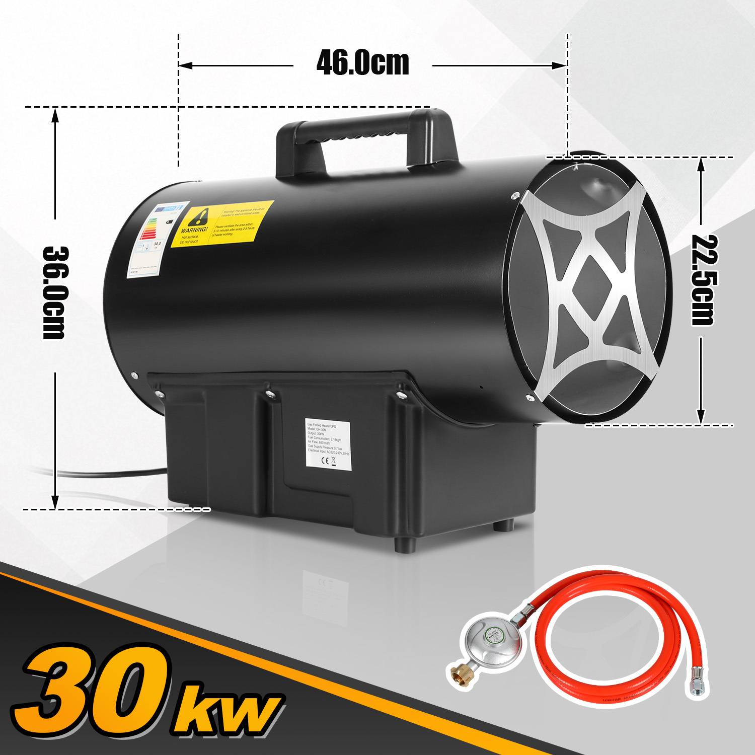 Produktbild eines schwarzen 30 kW tragbaren Industrie-Heizers, der Abmessungen von 46,0 cm Breite, 36,0 cm Höhe und 22,5 cm Durchmesser zeigt, mit im Lieferumfang enthaltenem Schlauch-Zubehör.