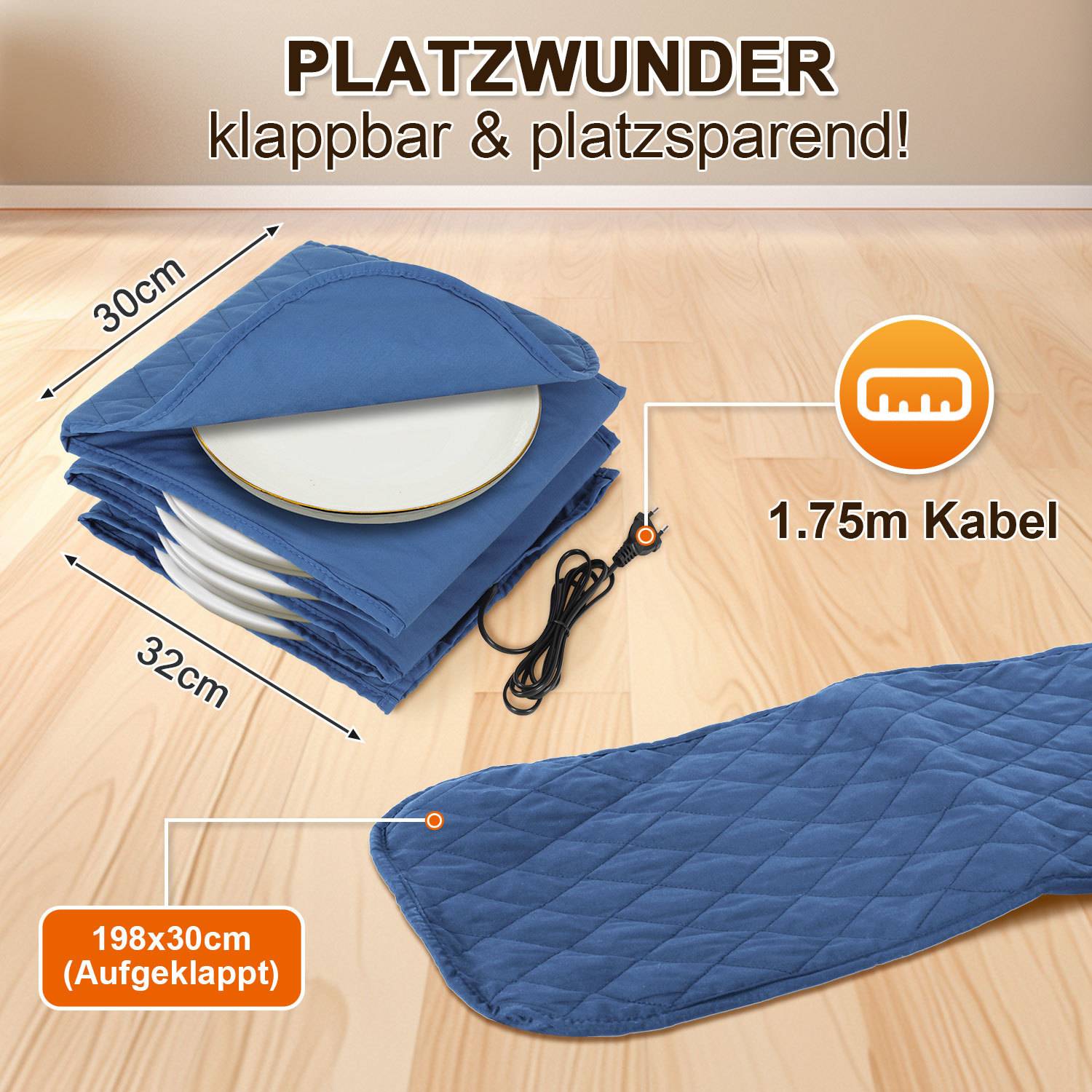 Blaue faltbare elektrische Heizmatte, gezeigt im gefalteten und entfalteten Zustand, mit 30 cm x 32 cm Größe im gefalteten Zustand, 198 x 30 cm Größe im entfalteten Zustand und 1,75 m Kabel.