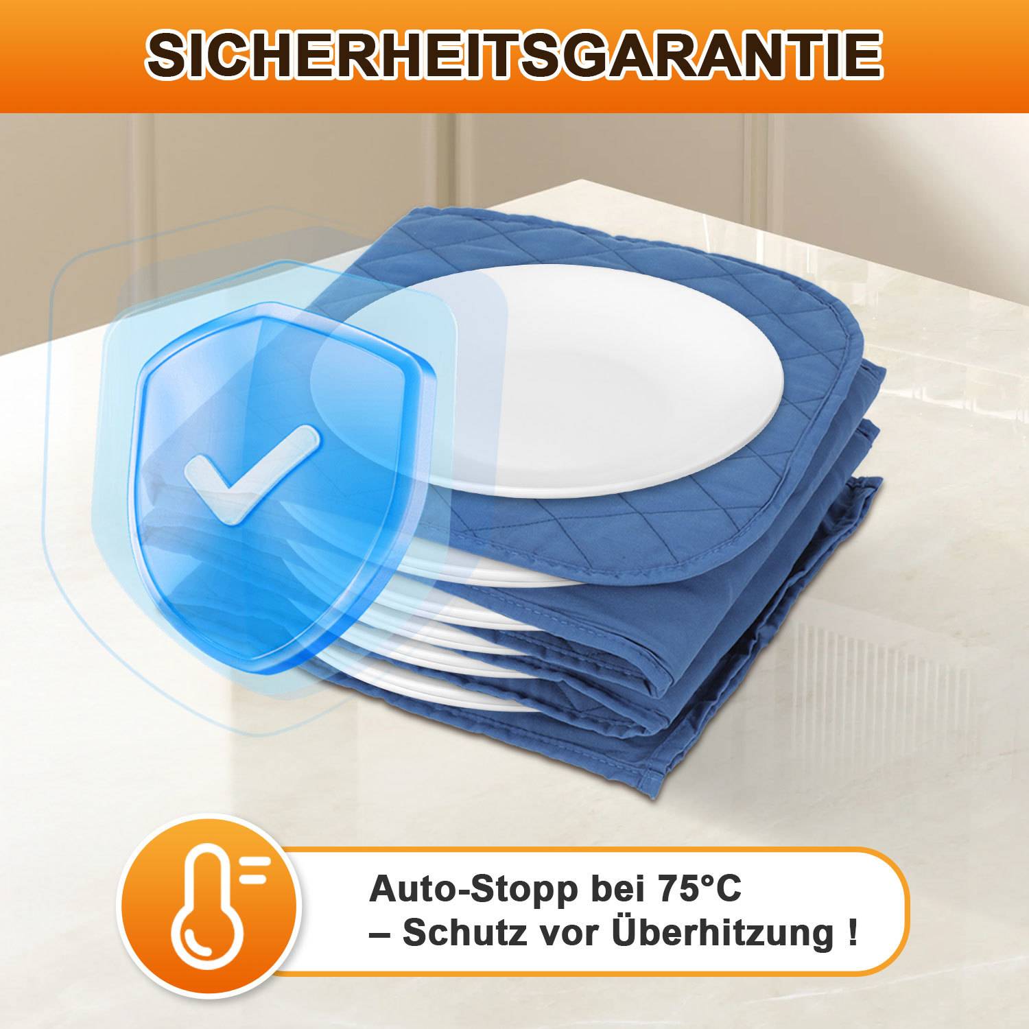 Grafik von gestapelten blauen Wärmekissen mit einem Schildsymbol und deutschem Text „Sicherheitsgarantie" und „Automatischer Stopp bei 75°C – Schutz vor Überhitzung!"