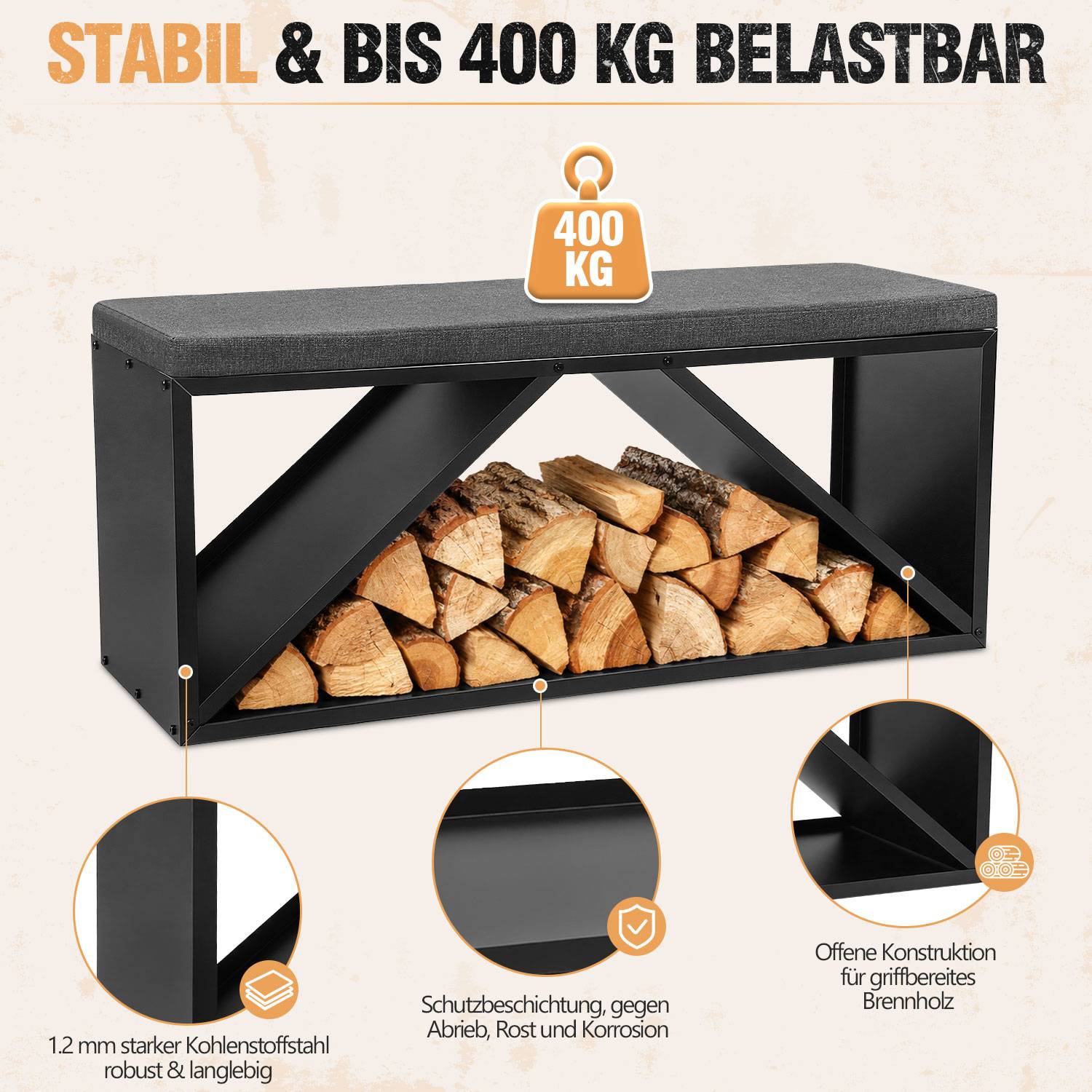 Schwarze Metall-Brennholzbank mit Stauraum für Holzscheite, mit den Aufschriften „STABIL & BIS 400 KG BELASTBAR" und „400 KG""; hebt langlebiges 1,2 mm Stahlblech, Schutzschicht und offene Konstruktion hervor.
