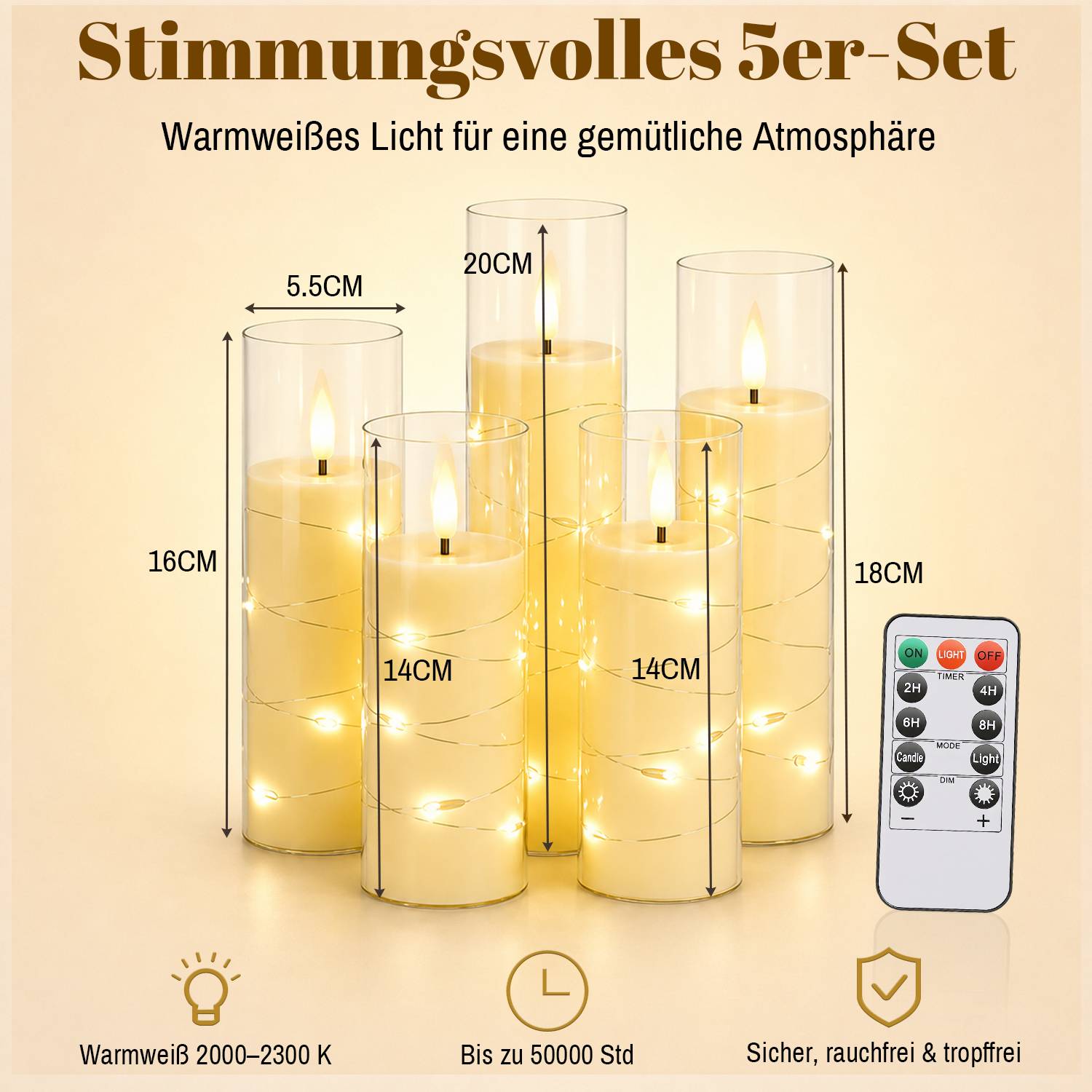 5er-Set LED Kerzen mit Lichterkette und Fernbedienung,flammenlos,warmweiß,mit transparenten Acrylbechern