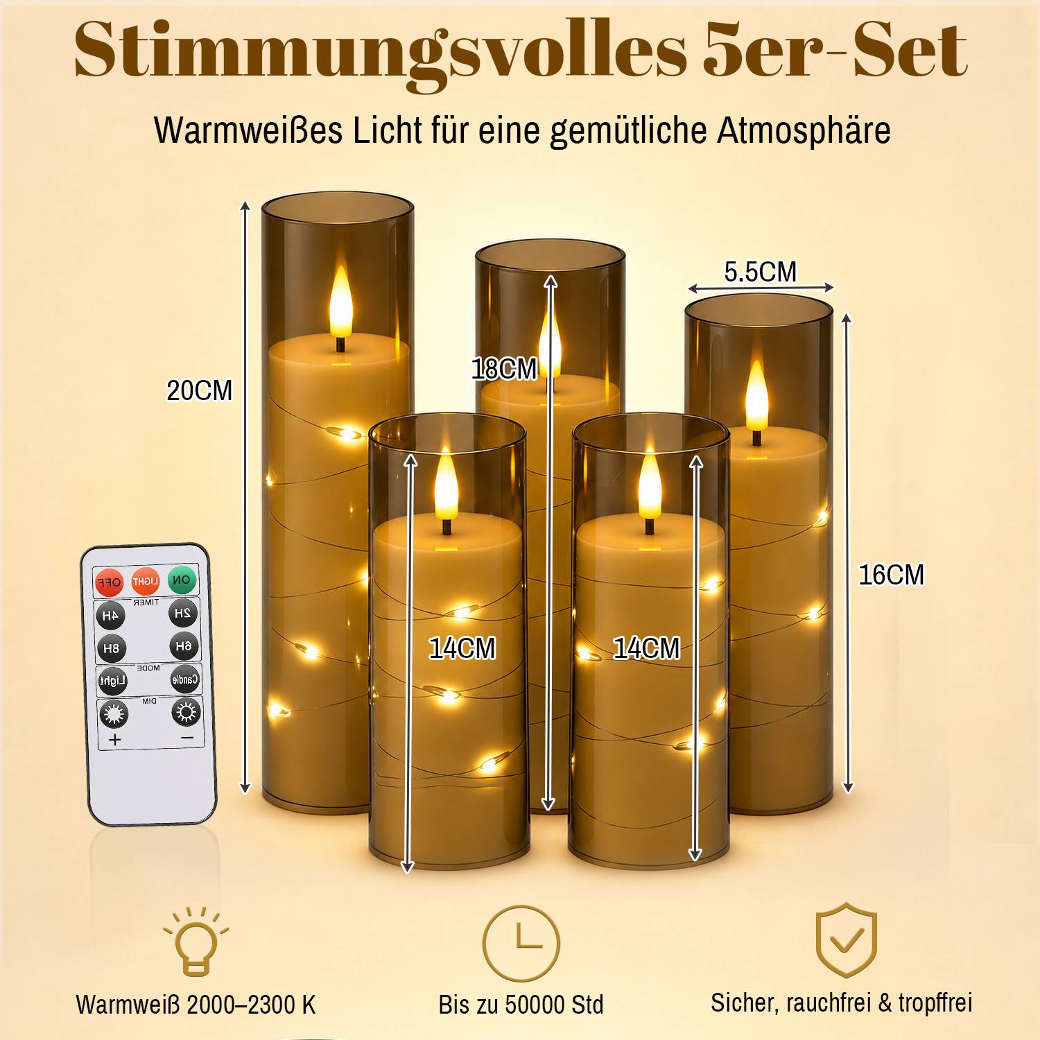 Produktabbildung eines 5-teiligen LED-Kerzensatzes mit Fernbedienung, zeigt vier Säulenkerzen verschiedener Höhen, warmweißes Licht und gekennzeichnete Größen in cm auf beigem Hintergrund.