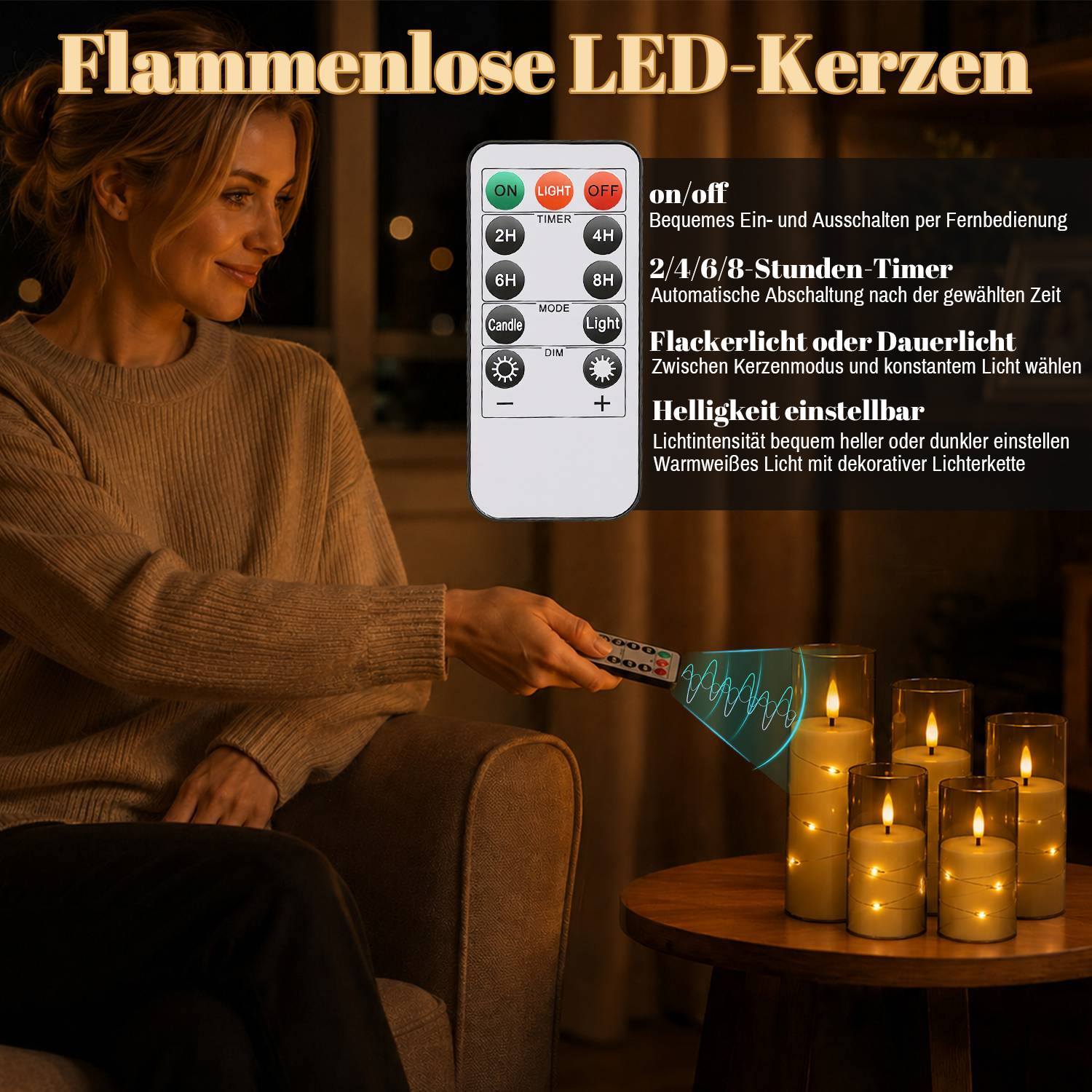 Eine Frau benutzt eine Fernbedienung, um flammenlose LED-Kerzen auf einem Beistelltisch zu steuern; die Anzeige hebt die Funktionen Ein/Aus, Timer, Flackern und Dimmern hervor.