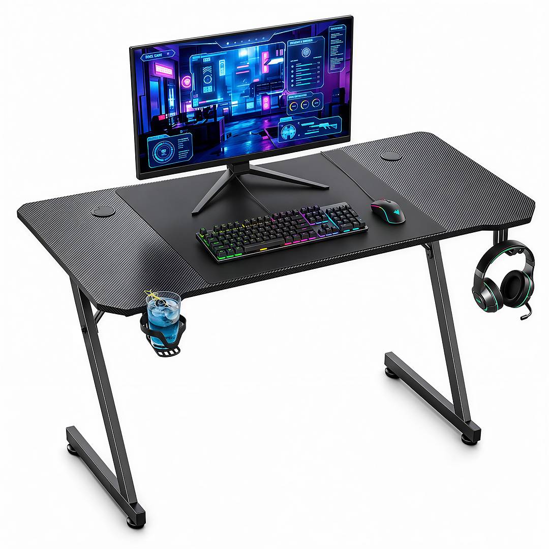 Gamer Tisch 120x60 cm 3-teilige Platte Z-Gestell PC Schreibtisch mit Mauspad Schwarz
