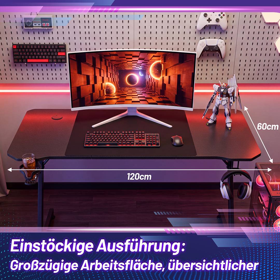 Gamer Tisch 120x60 cm 3-teilige Platte Z-Gestell PC Schreibtisch mit Mauspad Schwarz