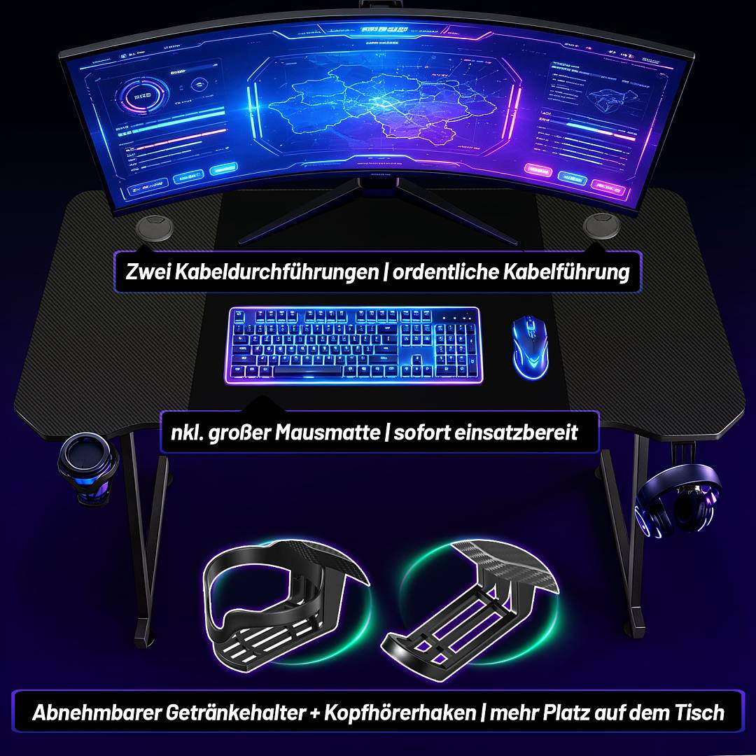 Gamer Tisch 120x60 cm 3-teilige Platte Z-Gestell PC Schreibtisch mit Mauspad Schwarz