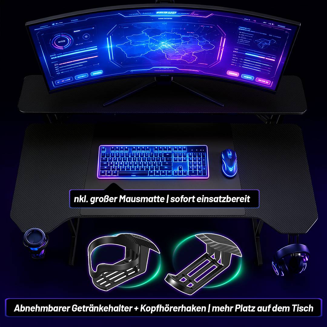 Schreibtischaufbau für Spiele mit gekrümmtem Monitor, RGB-Tastatur und -Maus, plus abnehmbarem Getränkehalter und Kopfhörerhaken; deutscher Text bewirbt große Mausmatte im Lieferumfang und mehr Schreibtischfläche.