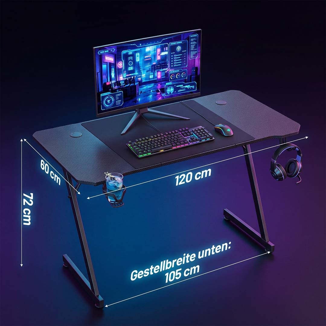 Gamer Tisch 120x60 cm 3-teilige Platte Z-Gestell PC Schreibtisch mit Mauspad Schwarz