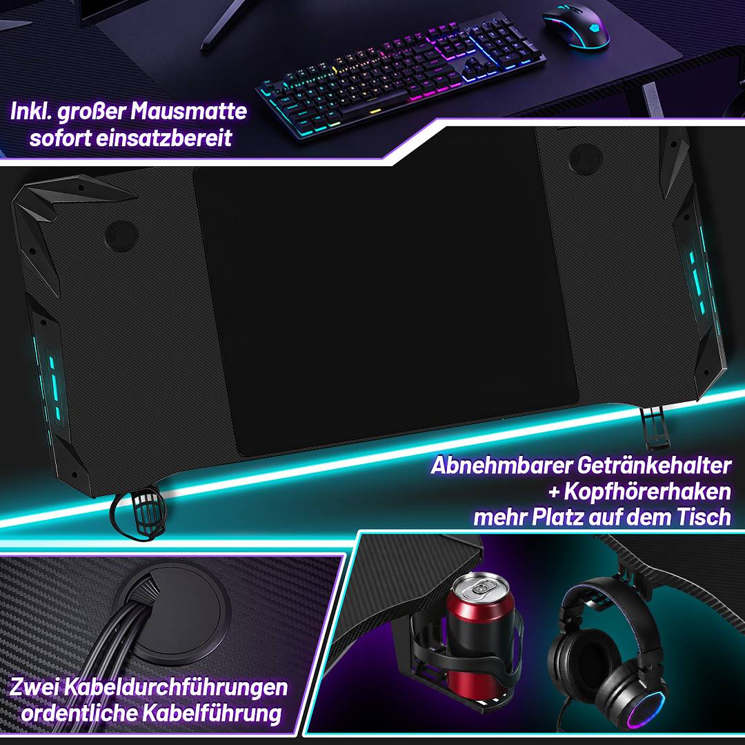 Gaming-Schreibtisch mit integrierter großer Mausmatte, abnehmbarem Getränkehalter und Kopfhörerhalter sowie zwei Kabelöffnungen für ordentliche Kabelorganisation.