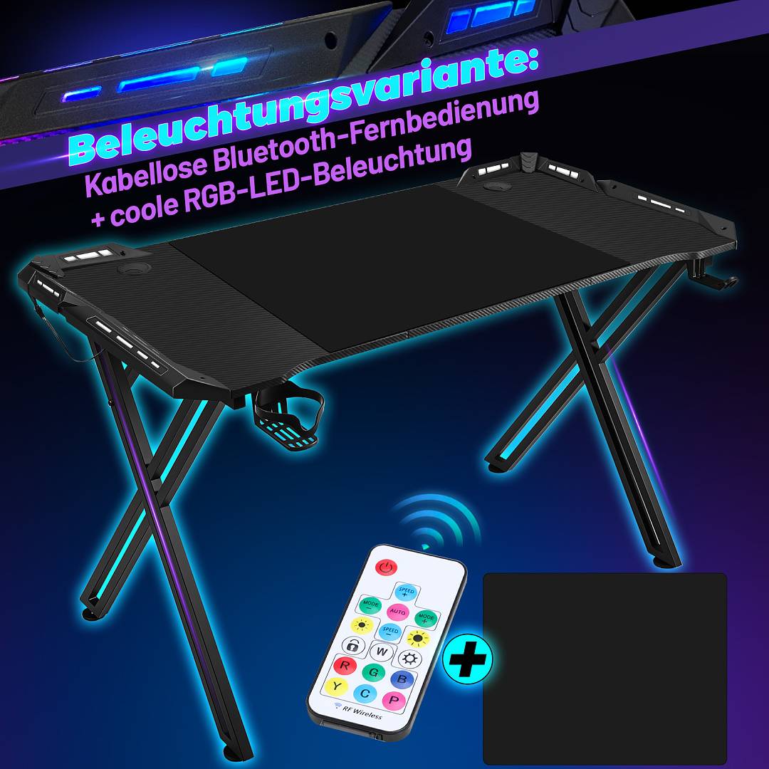 Gaming-Schreibtisch mit RGB-LED-Beleuchtung und Bluetooth-Fernbedienung, dargestellt mit einer mitgelieferten tragbaren Fernbedienung und leuchtenden Unter-Schreibtisch-Lichteffekten.