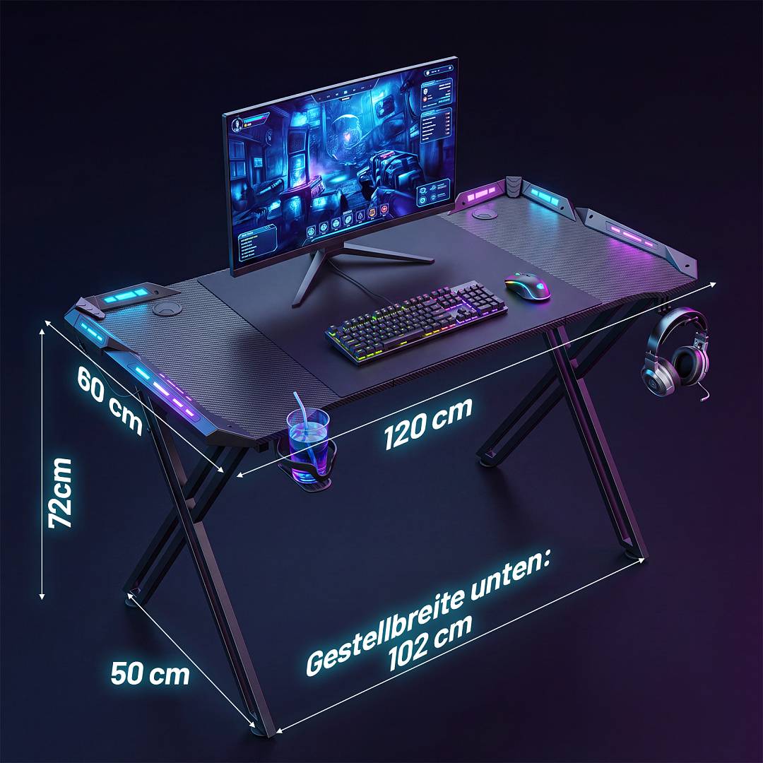 Gaming Computertisch 120x60 cm LED RGB X-Gestell 3-teilig mit Fernbedienung Mauspad