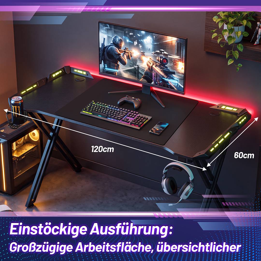 Gaming Tisch 120x60 cm X-Gestell LED RGB 3-teilig mit Fernbedienung und großem Mauspad