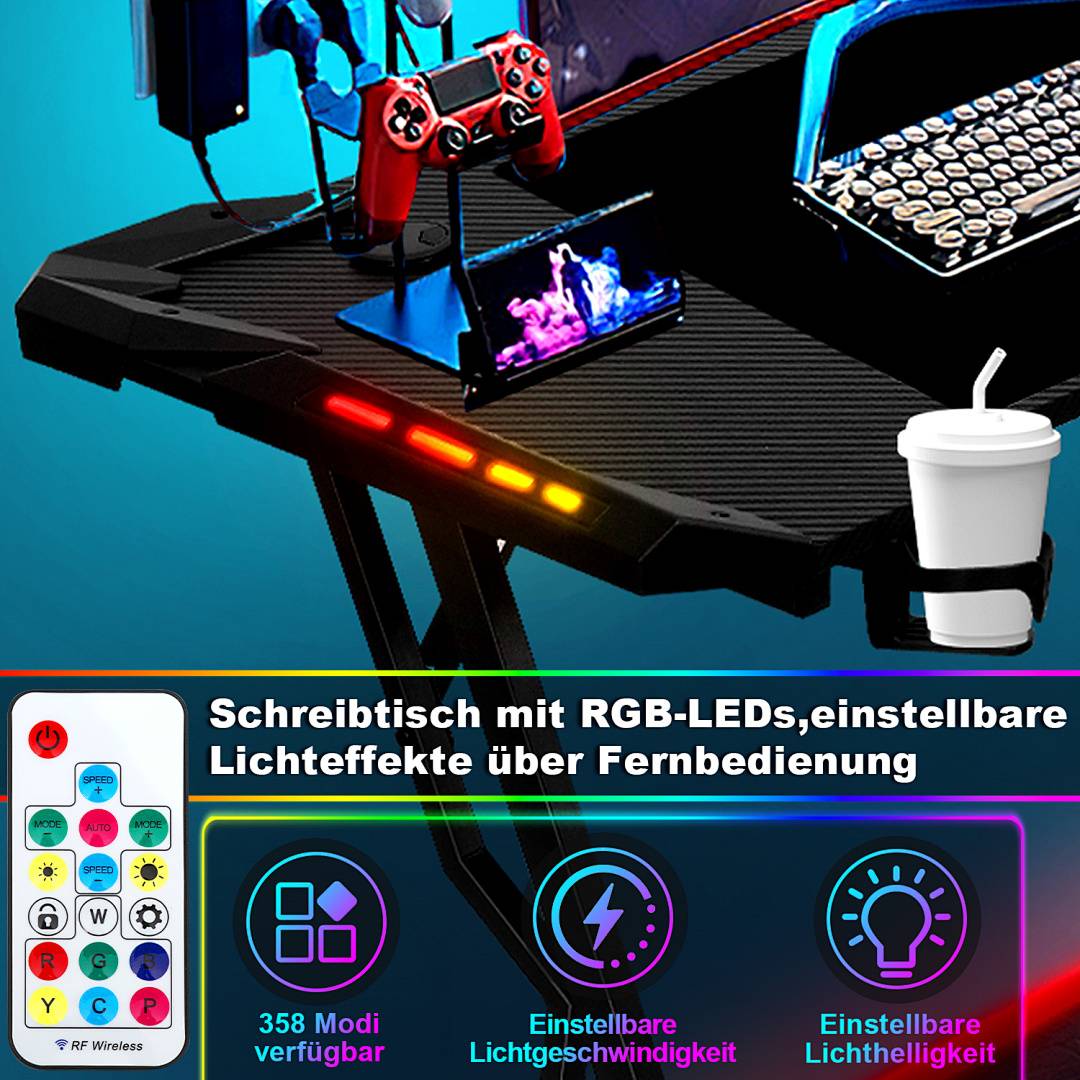 Gaming Schreibtisch 140x60 cm LED RGB K-Rohr Z-Gestell Schwarz mit Mauspad Halter