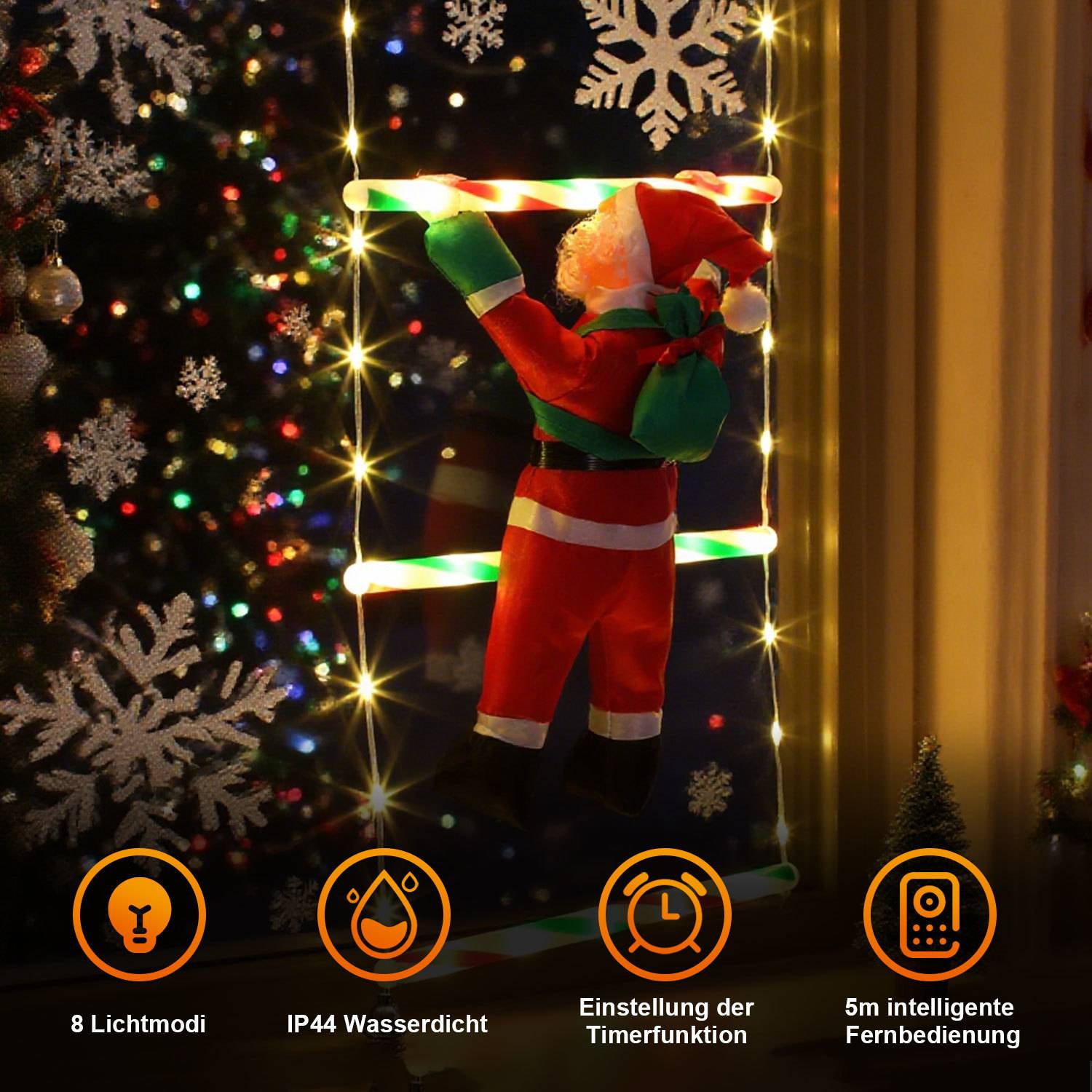 Beleuchteter Weihnachtsmann, der eine beleuchtete Leiter neben einem Weihnachtsbaum hochklettert, mit Symbolen für 8 Lichtmodi, IP44-Wasserdichtheit, Timer-Funktion und 5 m Fernbedienung.