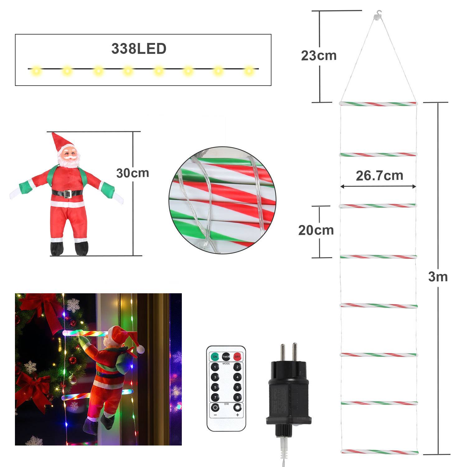 Produktdiagramm für eine 3m leuchtende Weihnachts-Kletter-Weihnachtsmann-Dekoration, die einen 30cm Weihnachtsmann, 338 LED-Leuchten, Abmessungen, Fernbedienung, Netzadapter und ein Anzeigefotos zeigt.