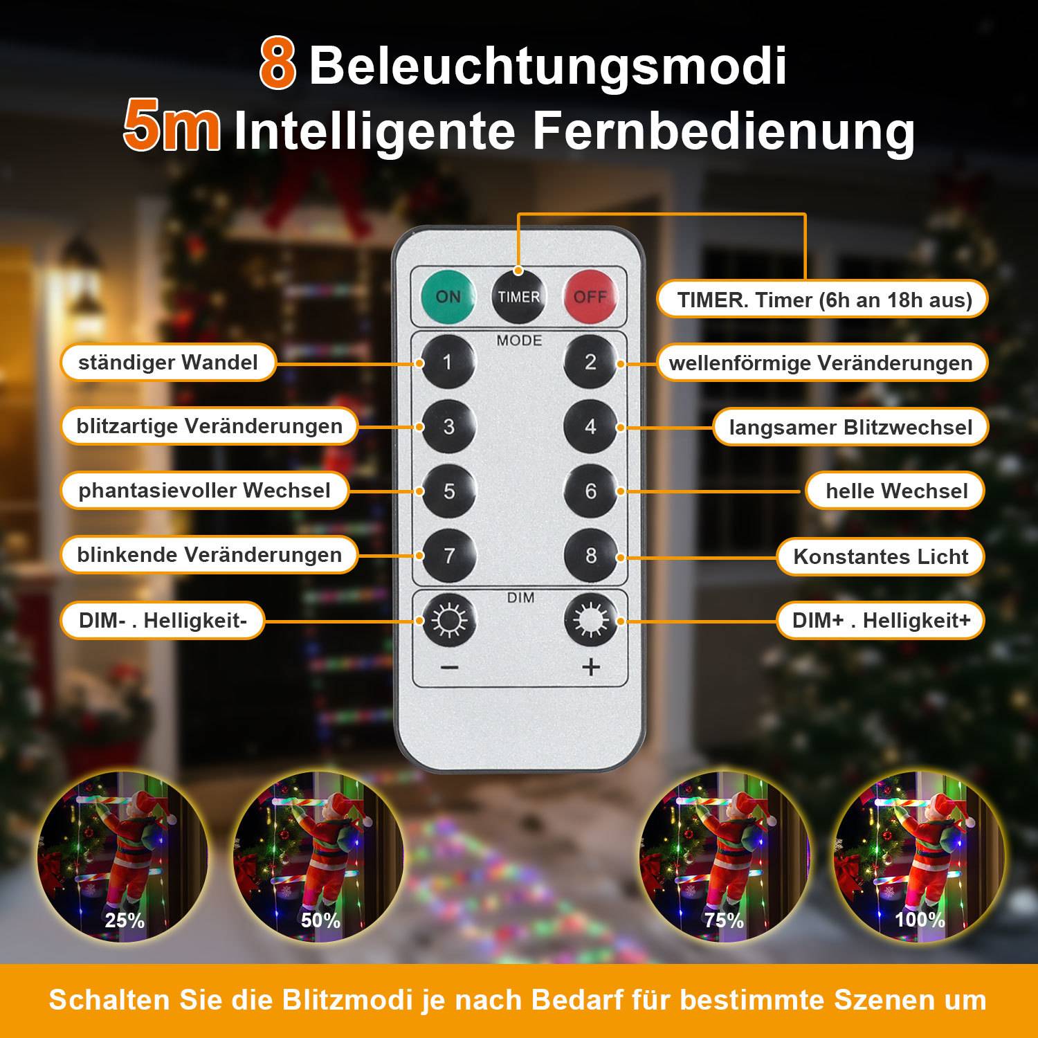 Deutschische Grafik einer ferngesteuerten LED-Leuchte mit 8 Beleuchtungsmodi, Timer und Dimmerfunktion mit beschrifteten Tasten und Helligkeitsbeispielen von 25% bis 100%.