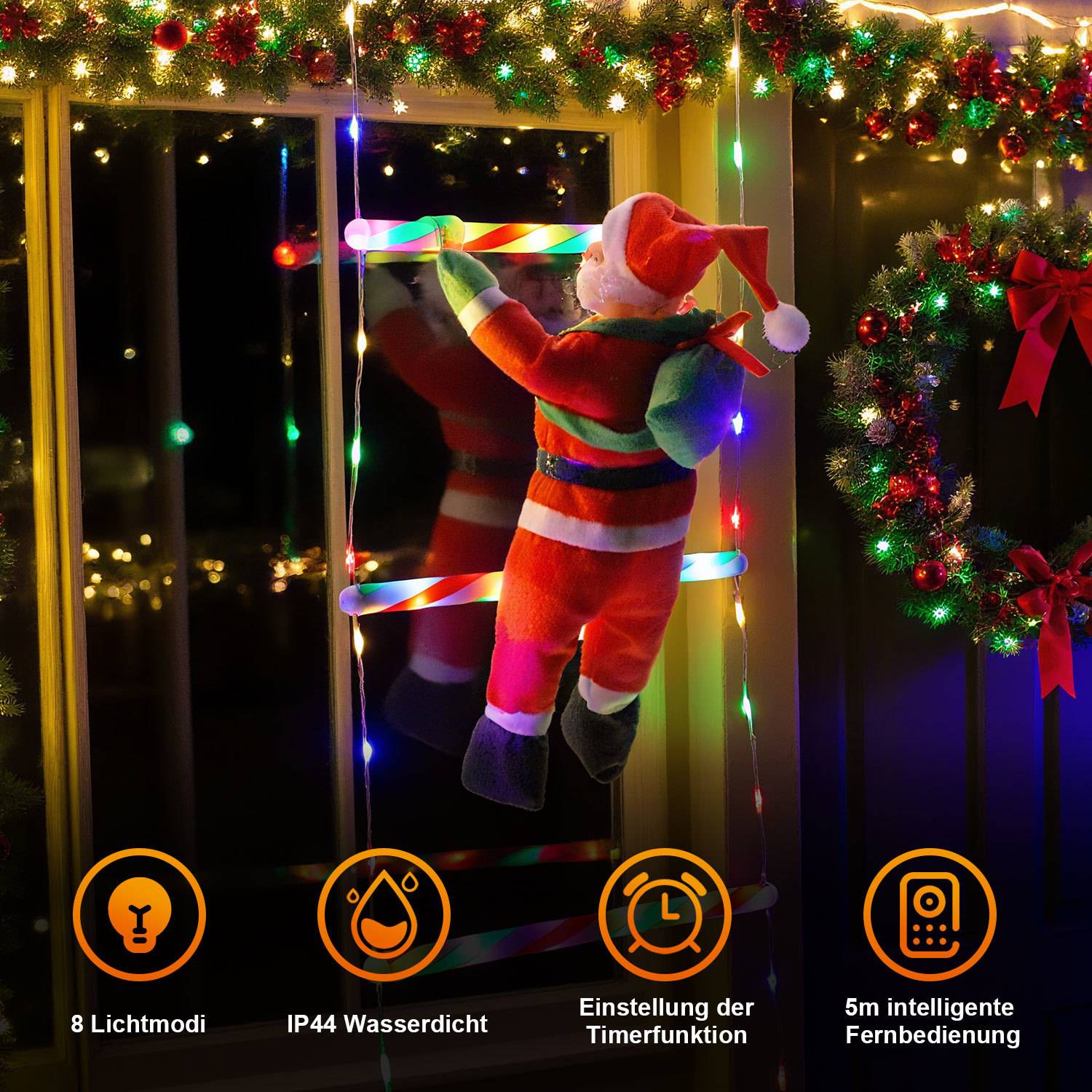 Beleuchtete Weihnachtselfen-Dekoration, die an einem Fenster hochklettert, mit mehrfarbigen Lichtern; Produktsymbole erwähnen 8 Lichtmodi, IP44-Wasserdichtigkeit, Timer und 5m Fernbedienung.