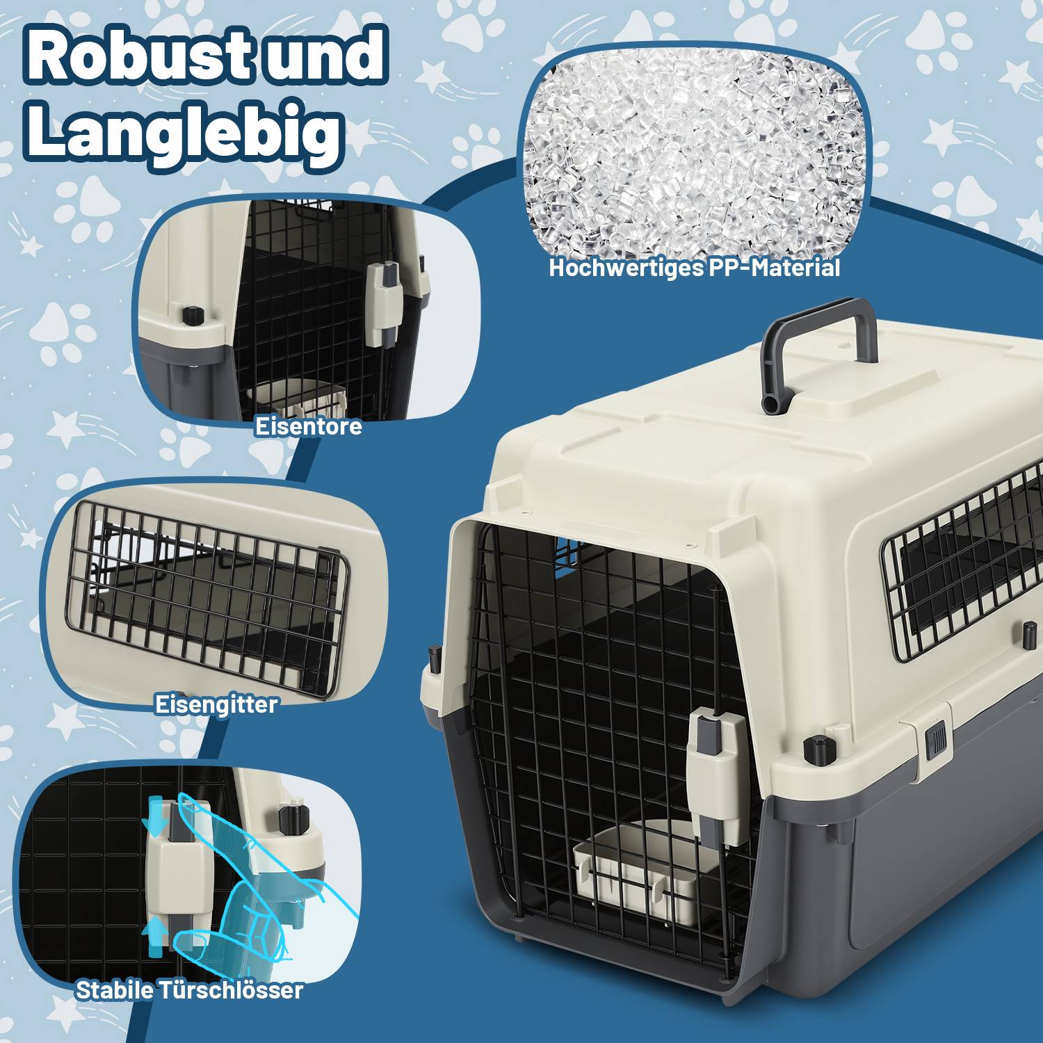Hundetransportbox 60,4 x 42 x 39,8 cm bis 10 kg, Tiertransportbox für Hund und Katze mit Metalltür, Lüftungsgitter, Bodengitter und Napf, Grau Wei?